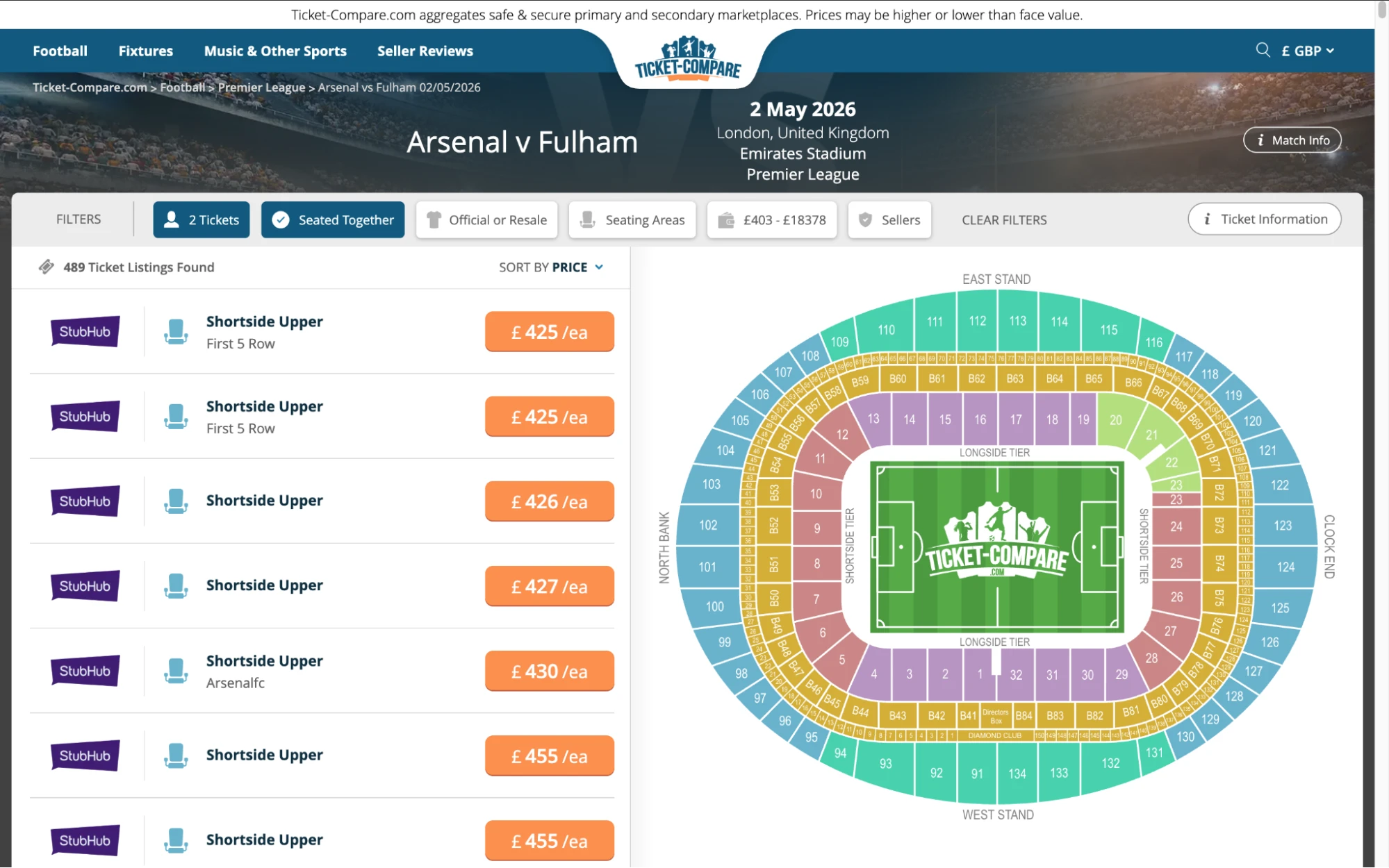 Screenshot of Arsenal v Fulham tickets page on www.healtharomatherapy.com