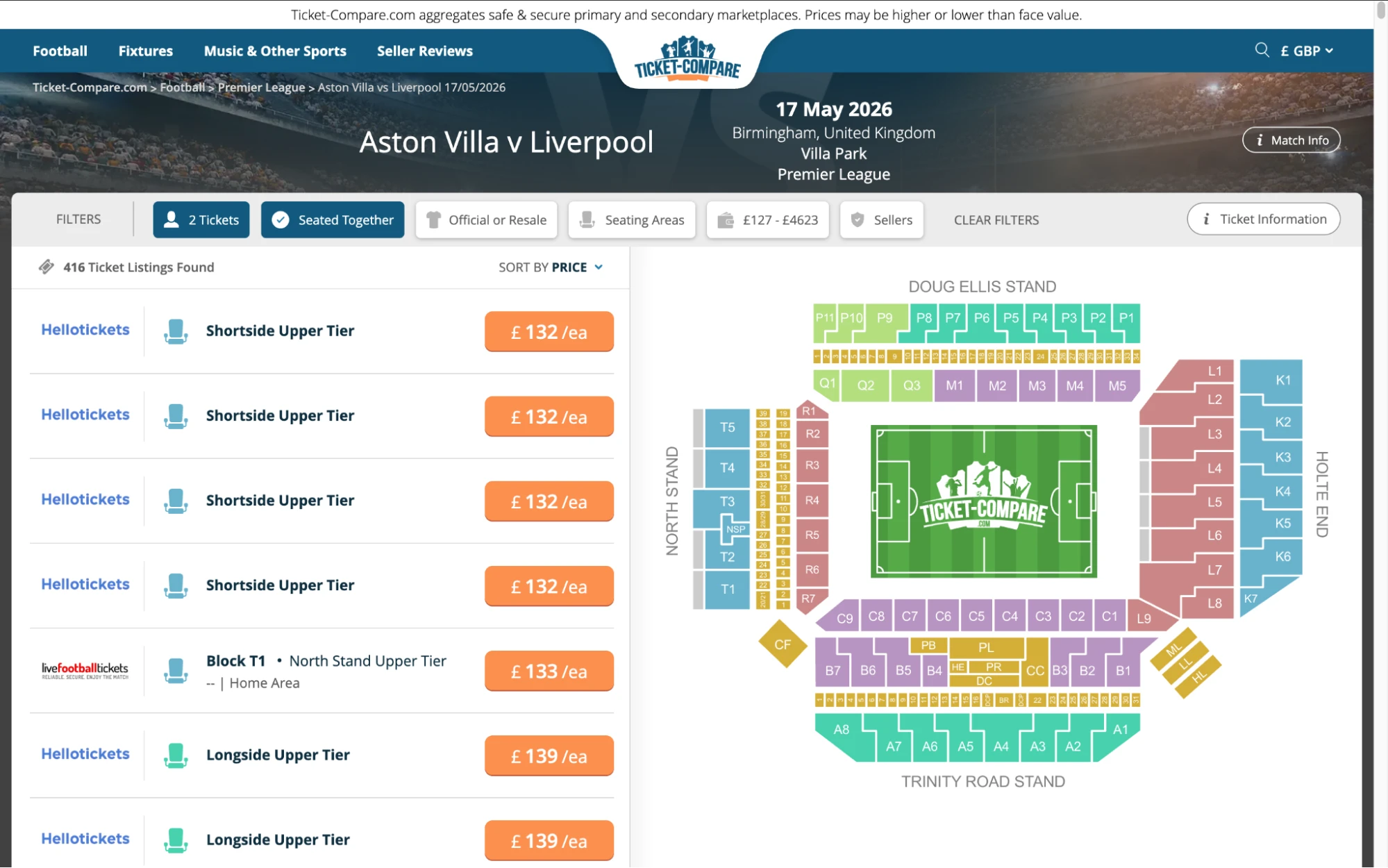 Screenshot of Aston Villa v Liverpool tickets page on www.healtharomatherapy.com