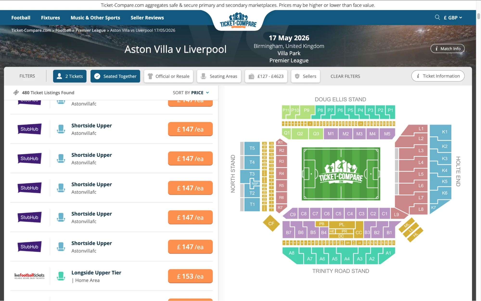 Screenshot of Aston Villa v Liverpool tickets page on www.healtharomatherapy.com