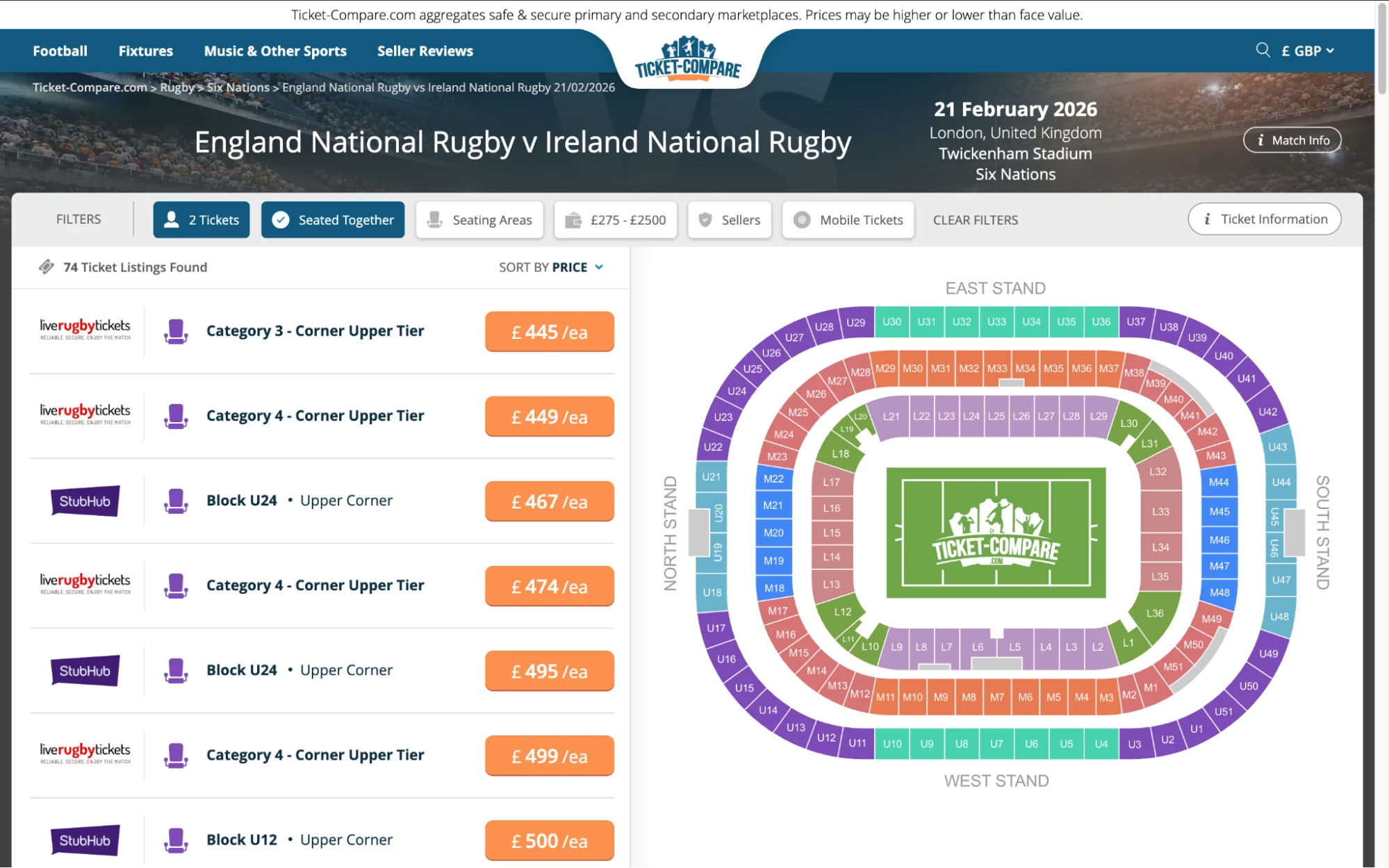 Screenshot of England National Rugby v Ireland National Rugby tickets page on www.healtharomatherapy.com