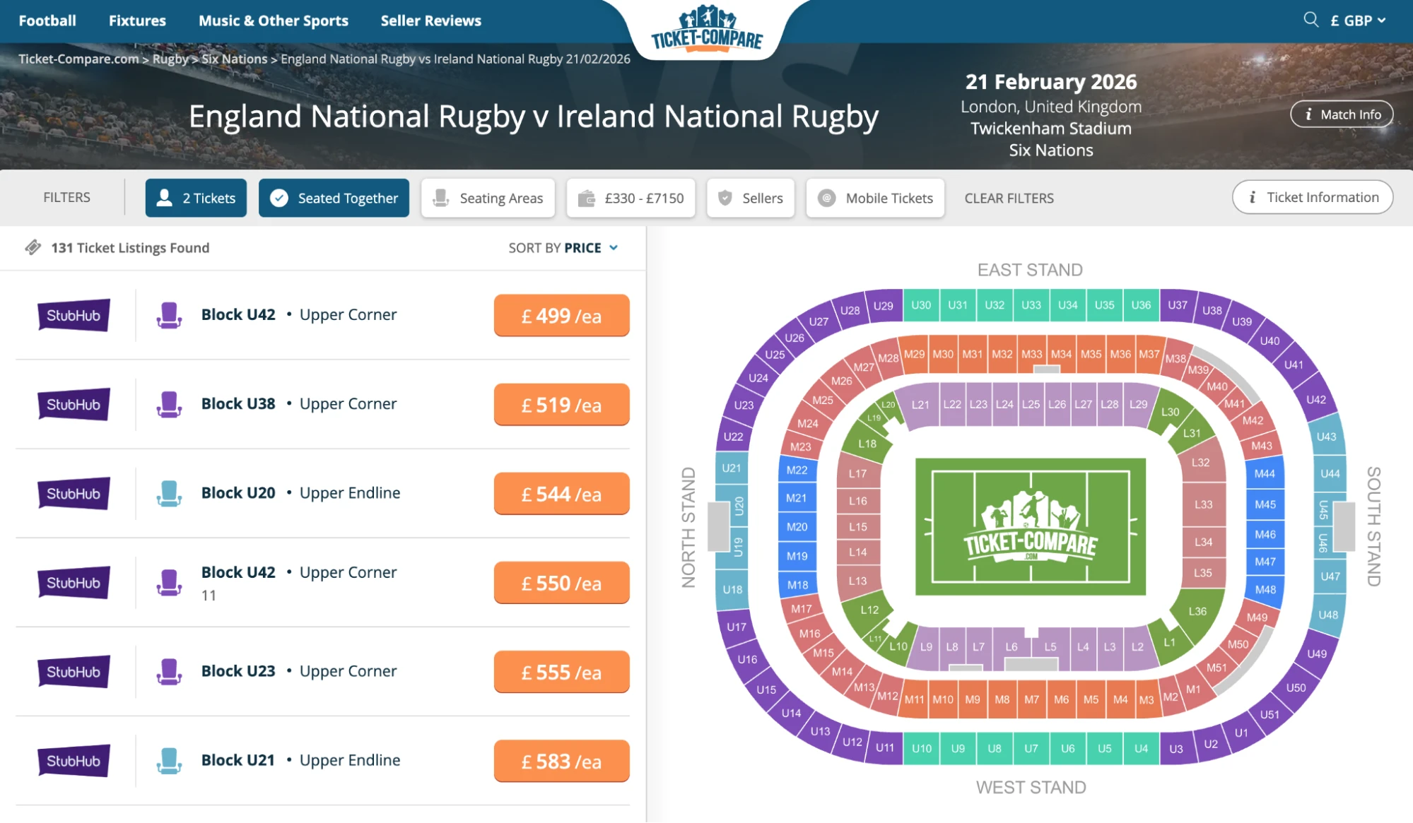 Screenshot of England National Rugby v Ireland National Rugby tickets page on www.healtharomatherapy.com