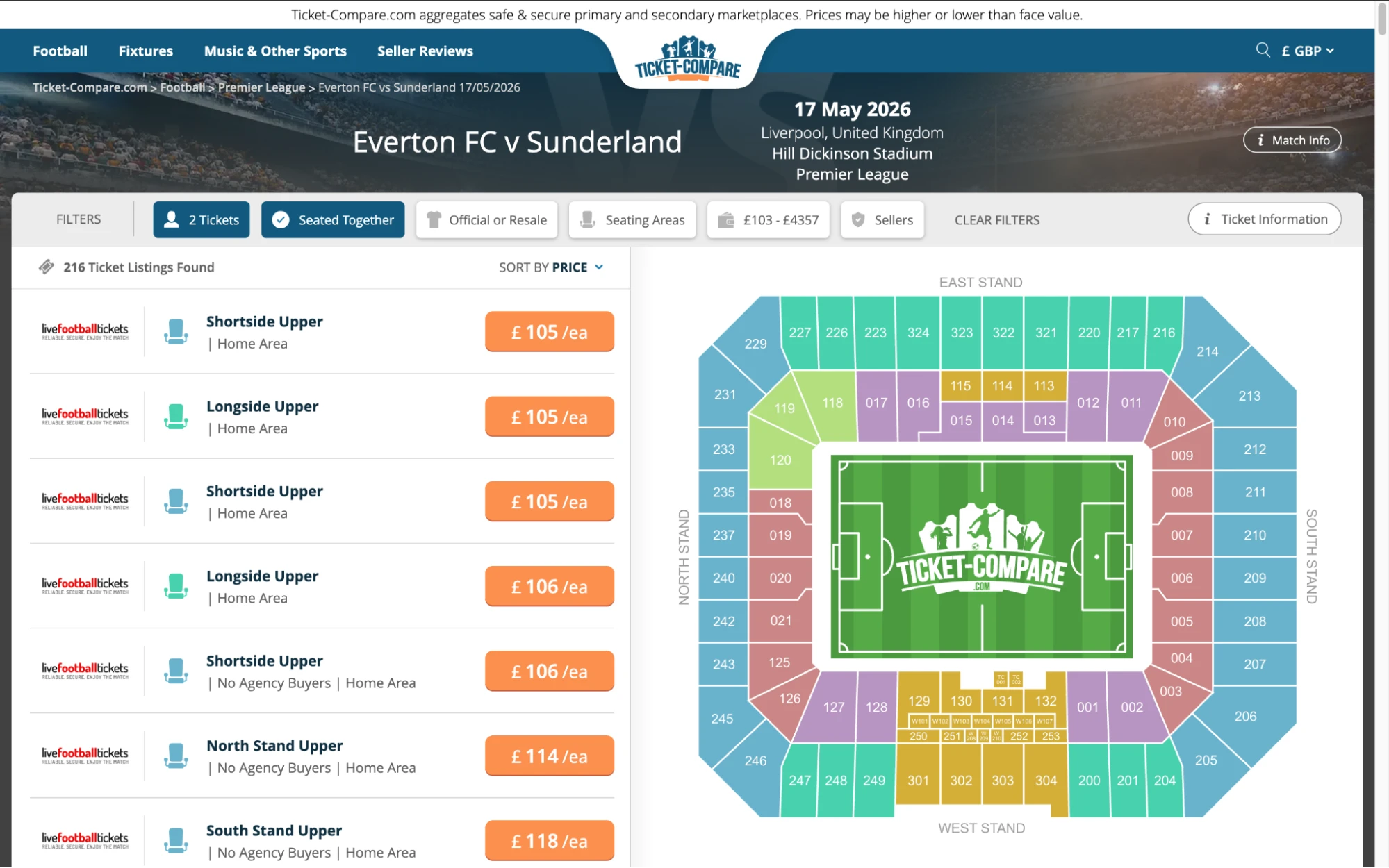Screenshot of Everton v Sunderland tickets page on www.healtharomatherapy.com