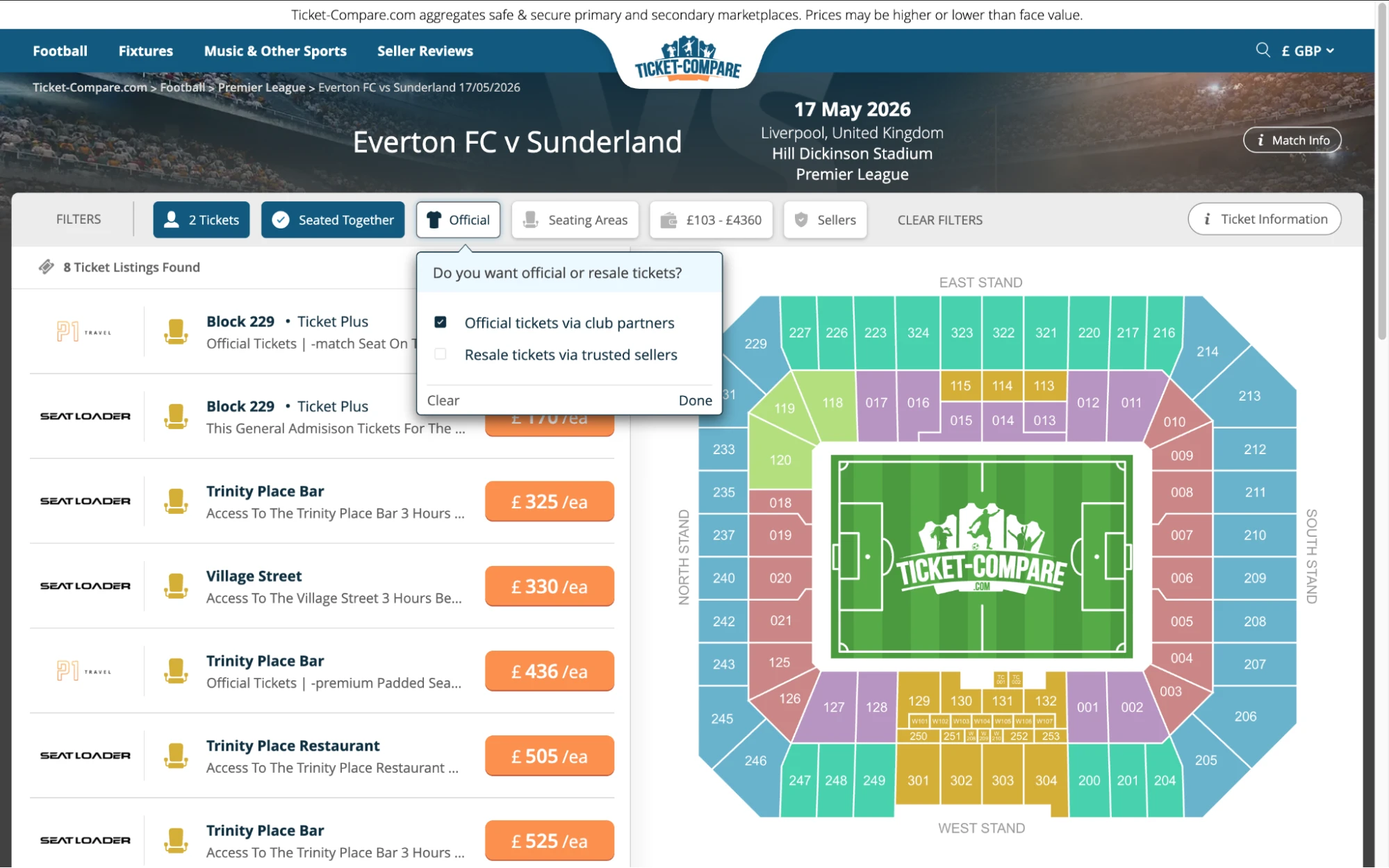 Screenshot of Everton v Sunderland tickets page on www.healtharomatherapy.com