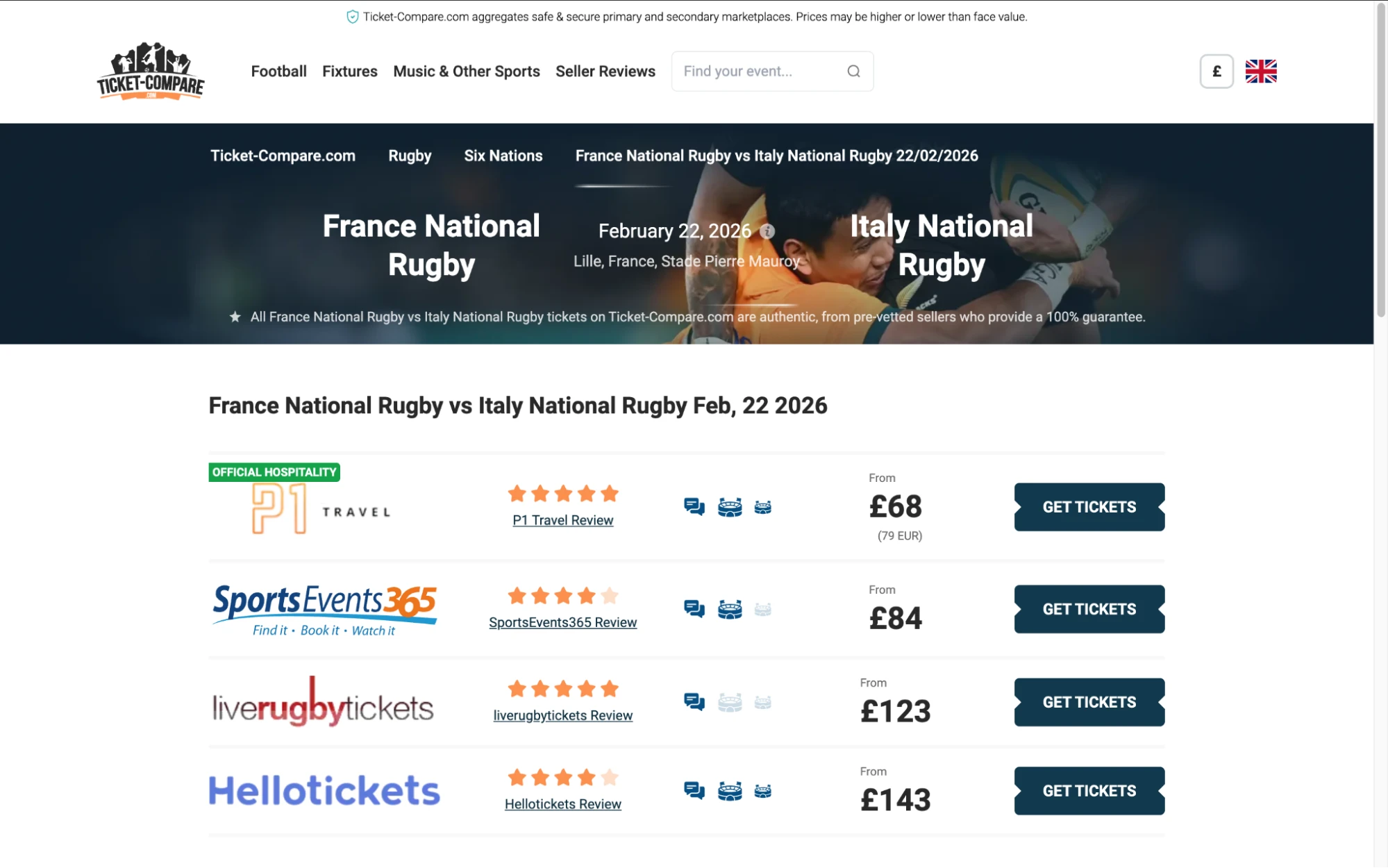 Screenshot of France National Rugby v Italy National Rugby tickets page on www.healtharomatherapy.com