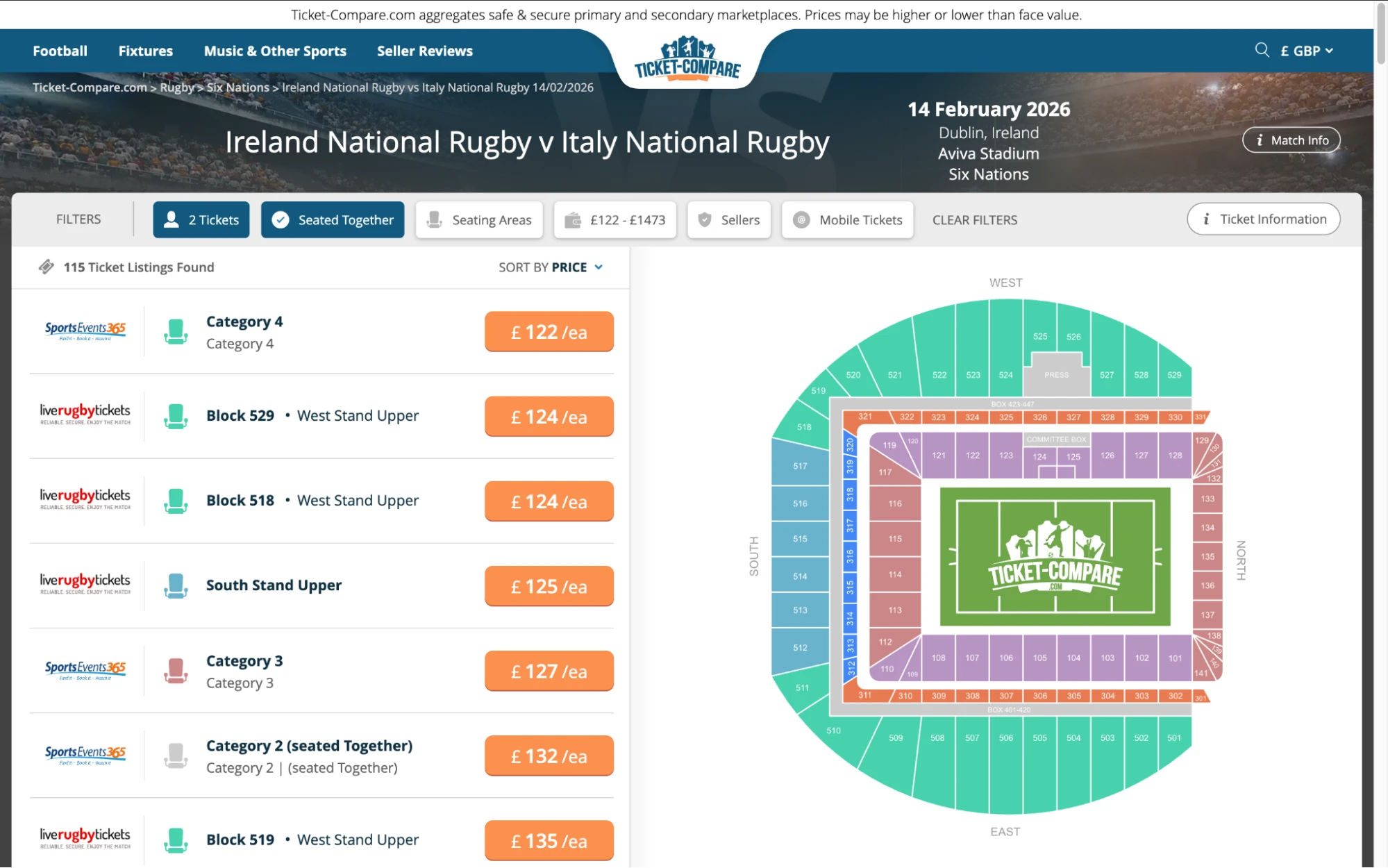 Screenshot of Ireland National Rugby v Italy National Rugby tickets page on www.healtharomatherapy.com