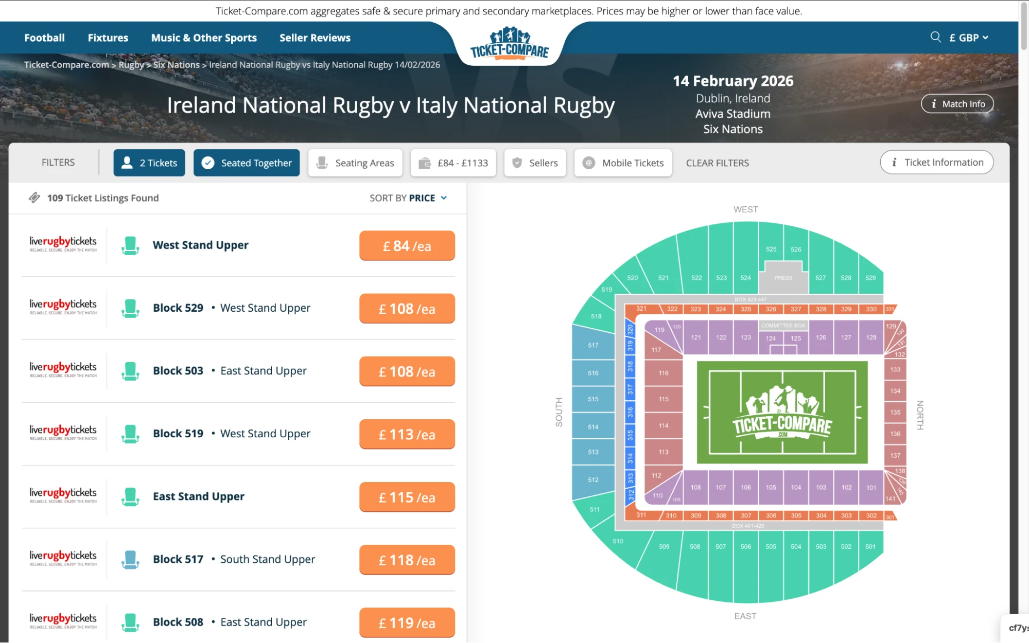 Screenshot of Ireland National Rugby v Italy National Rugby tickets page on www.healtharomatherapy.com