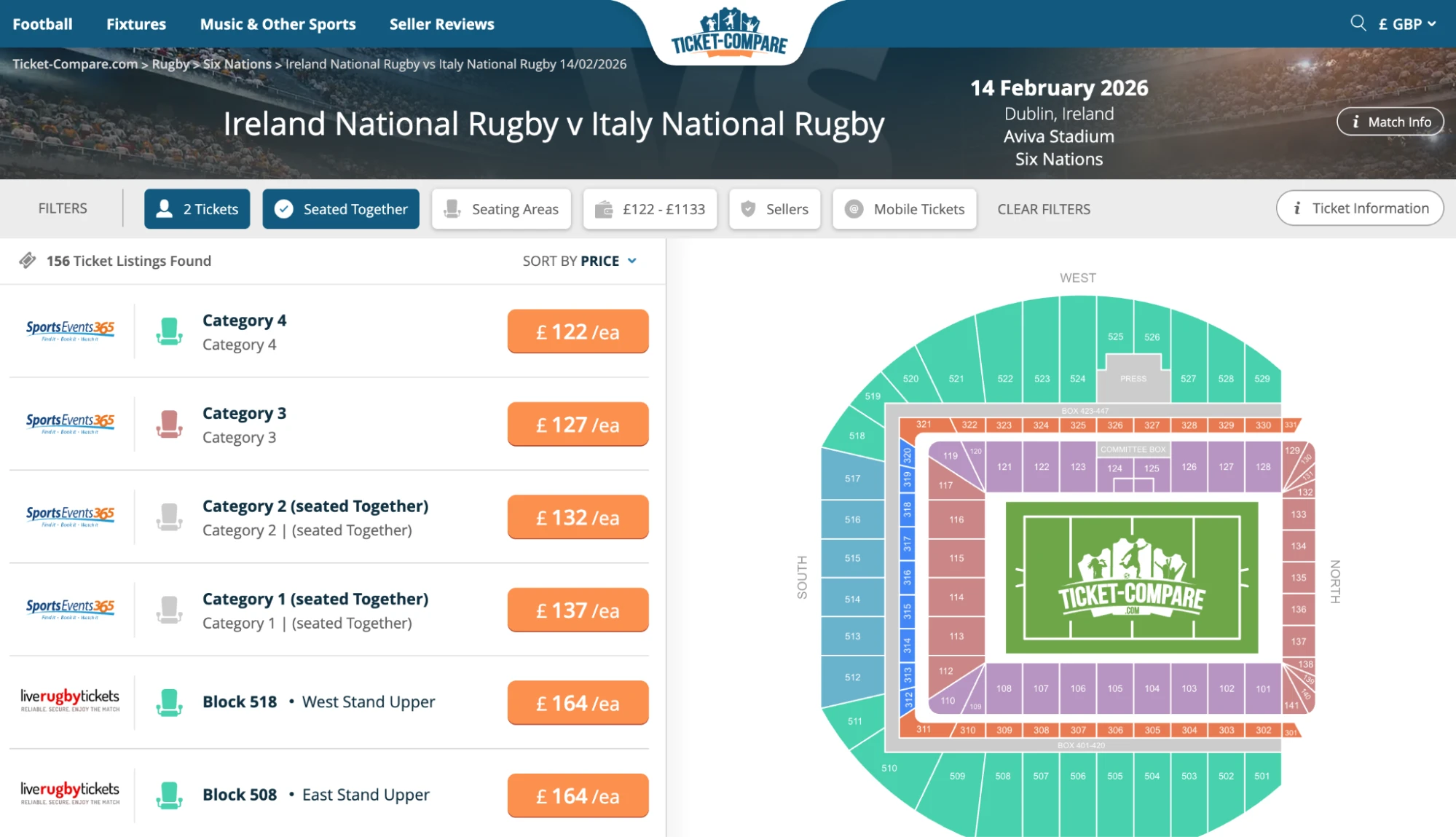 Screenshot of Ireland National Rugby v Italy National Rugby tickets page on www.healtharomatherapy.com