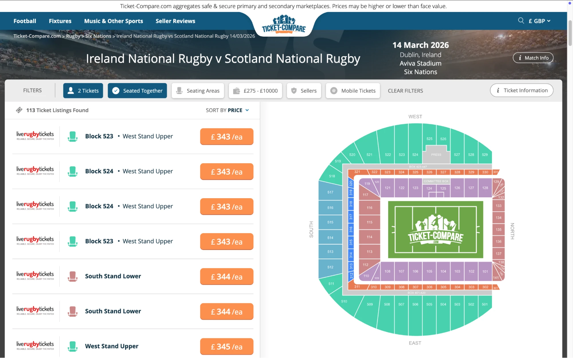 Screenshot of Ireland National Rugby v Scotland National Rugby tickets page on www.healtharomatherapy.com