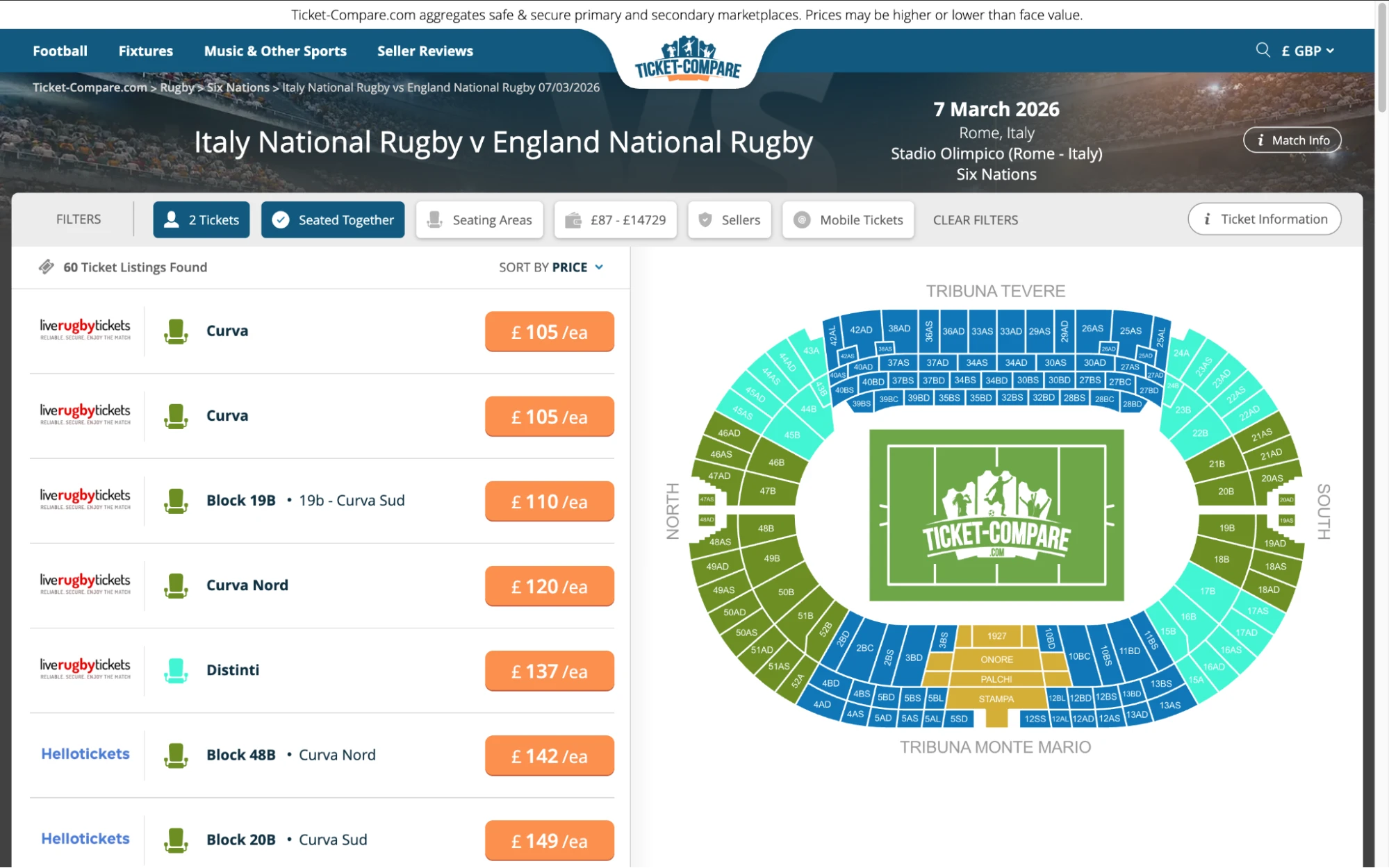 Screenshot of Italy National Rugby v England National Rugby tickets page on www.healtharomatherapy.com