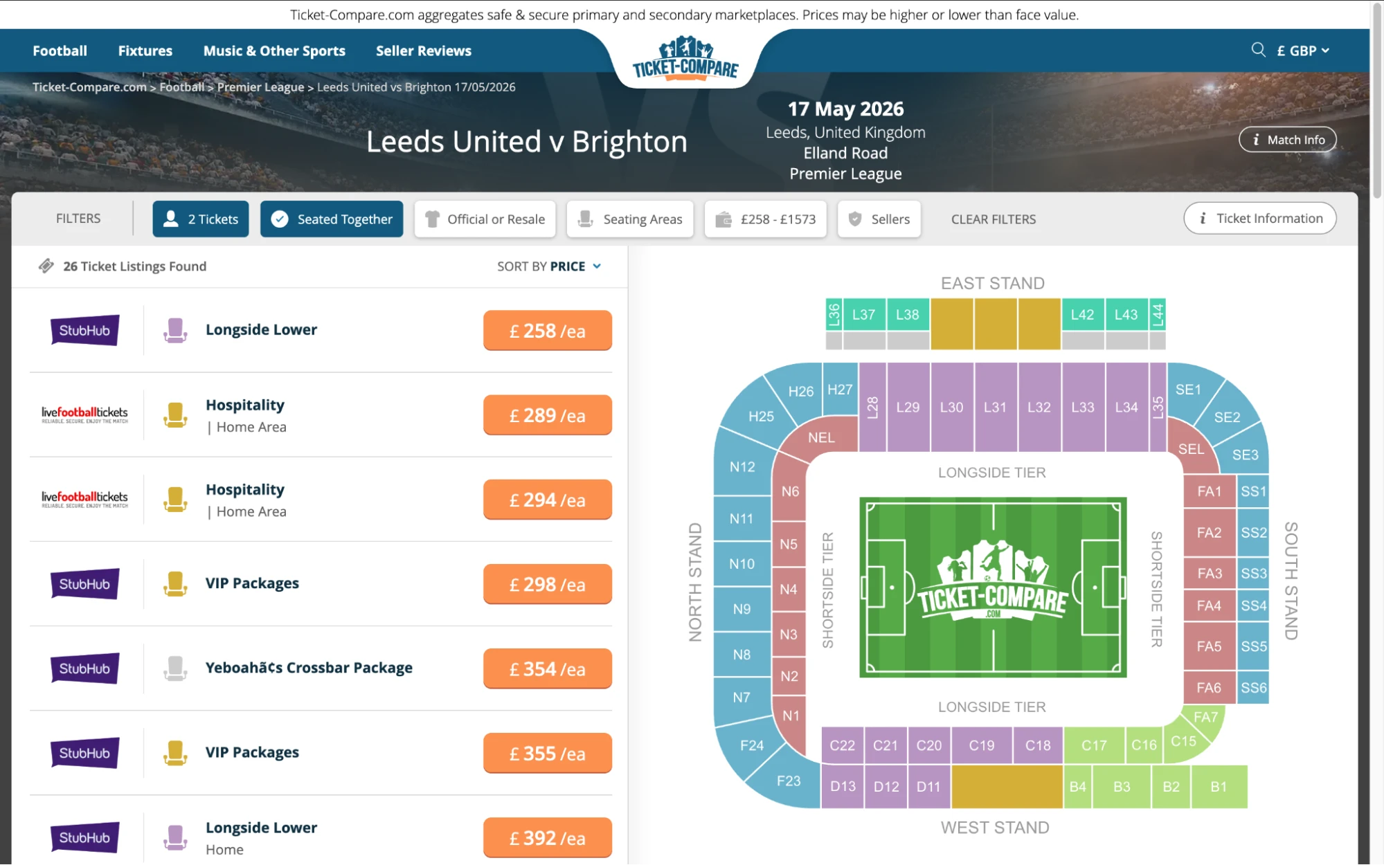 Screenshot of Leeds United v Brightron tickets page on www.healtharomatherapy.com