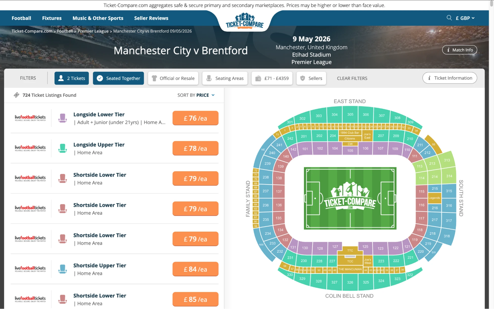 Screenshot of Man City v Brentford tickets page on www.healtharomatherapy.com
