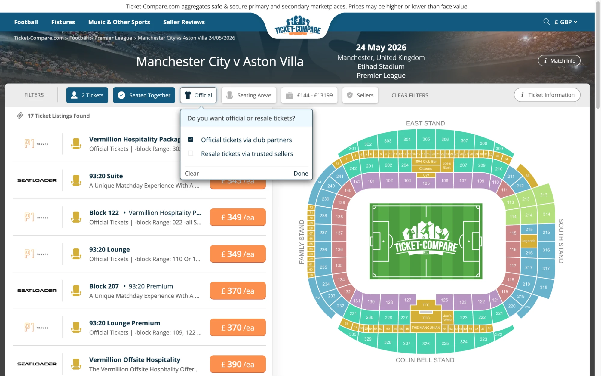 Screenshot of Manchester City v Aston Villa tickets page on www.healtharomatherapy.com