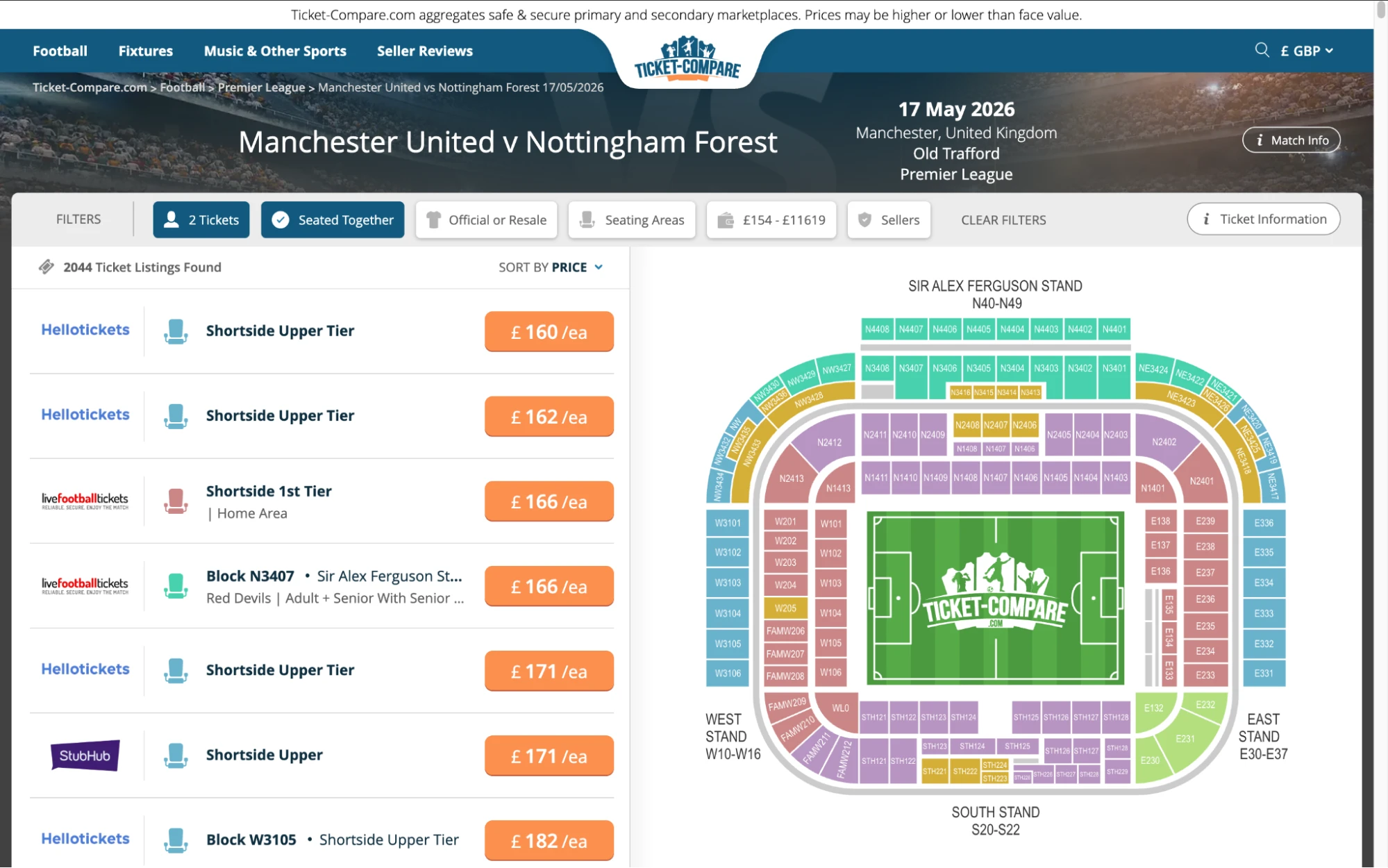 Screenshot of Manchester United v Nottinham Forest tickets page on www.healtharomatherapy.com