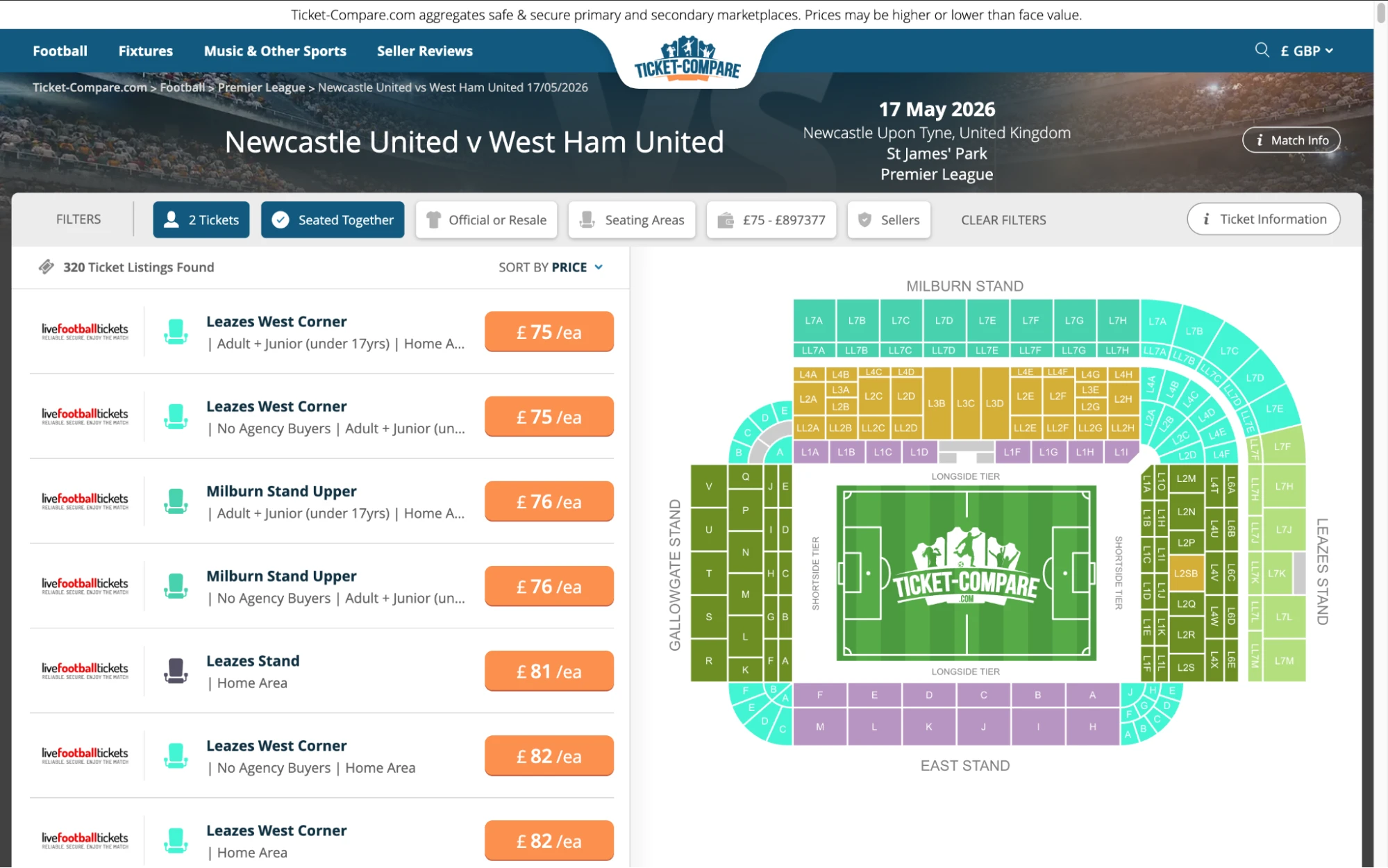 Screenshot of Newcastle United v West Ham tickets page on www.healtharomatherapy.com
