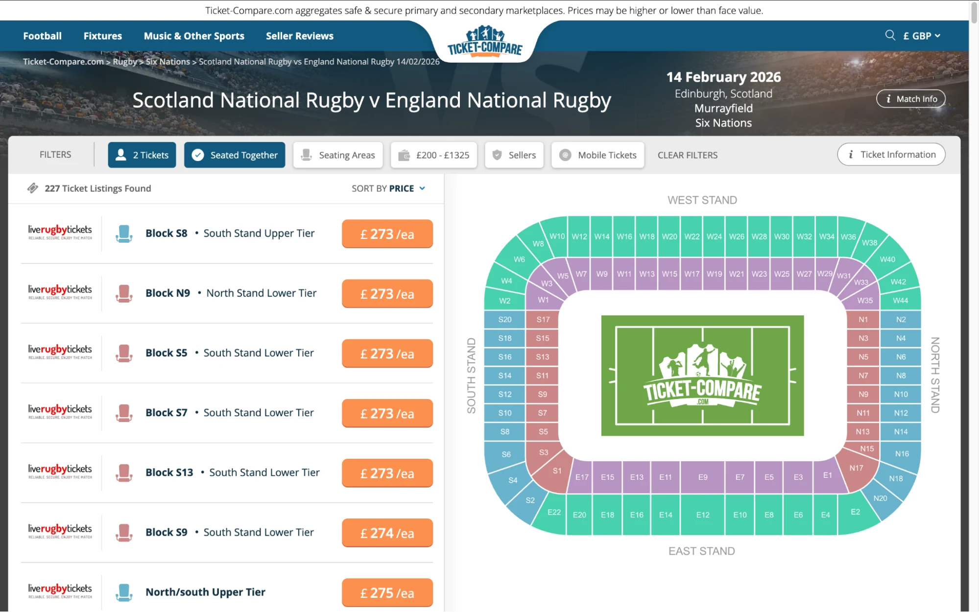 Screenshot of Scotland National Rugby v England National Rugby tickets page on www.healtharomatherapy.com
