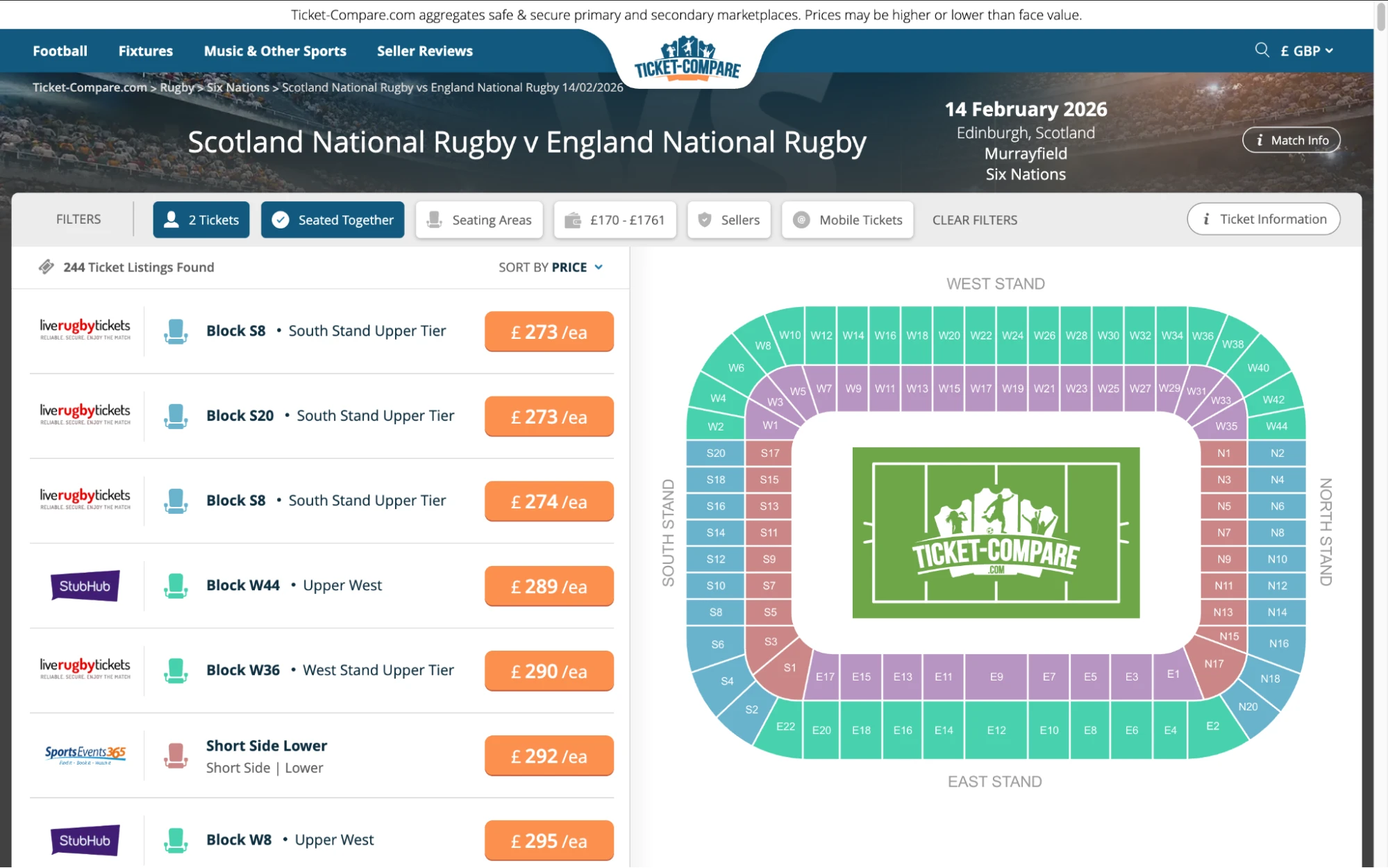 Screenshot of Scotland National Rugby v England National Rugby tickets page on www.healtharomatherapy.com