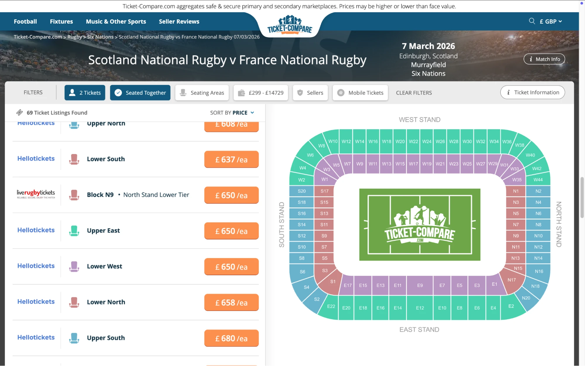 Screenshot of Scotland National Rugby v France National Rugby tickets page on www.healtharomatherapy.com