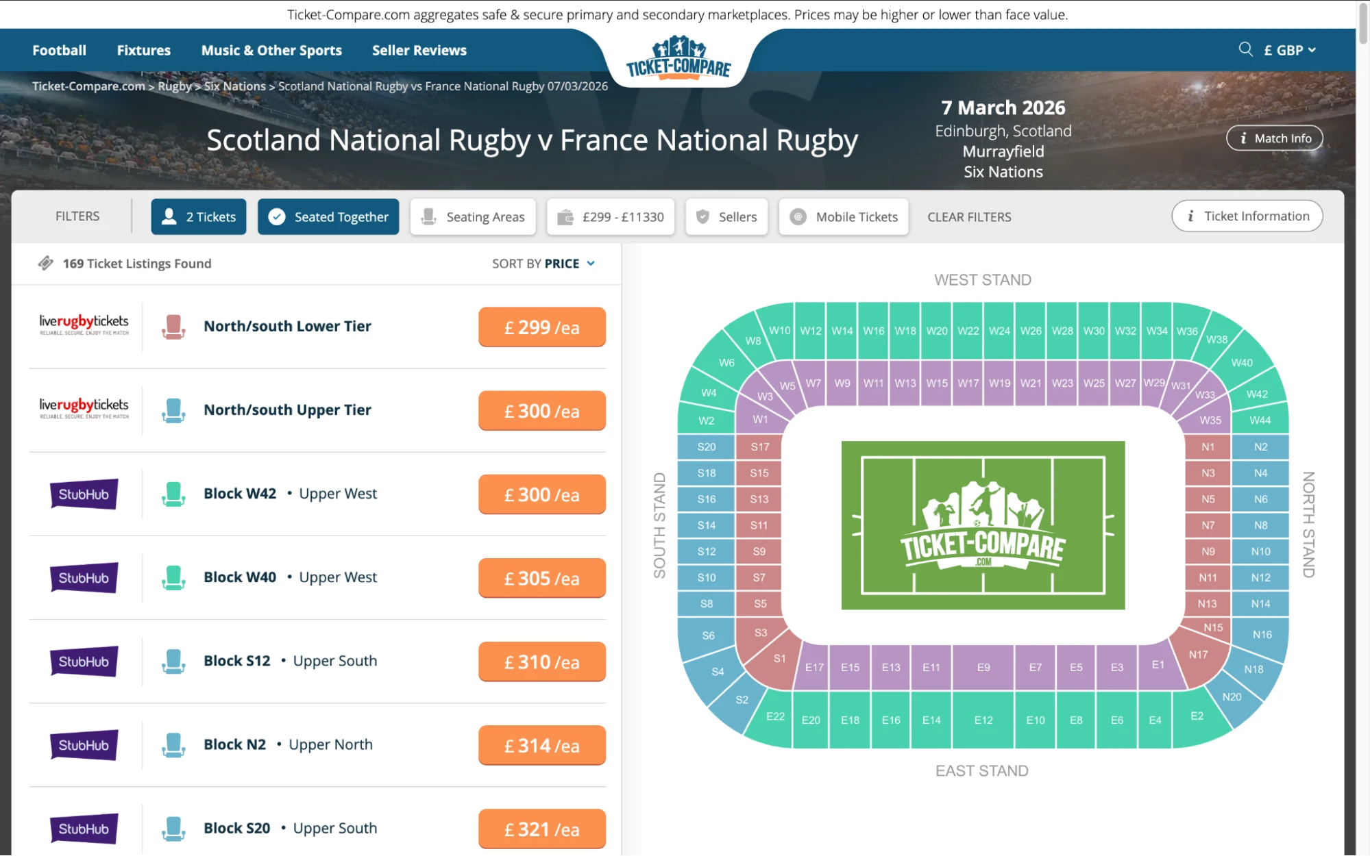 Screenshot of Scotland National Rugby v France Six Nations Rugby tickets page on www.healtharomatherapy.com