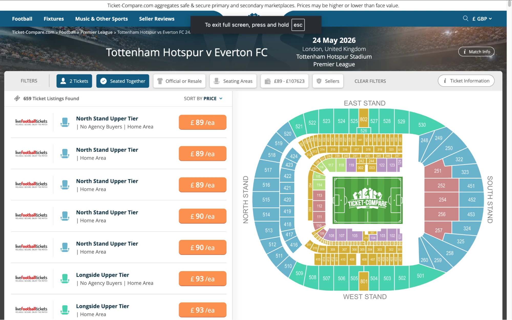 Screenshot of Tottenham Hotspur v Everton tickets page on www.healtharomatherapy.com
