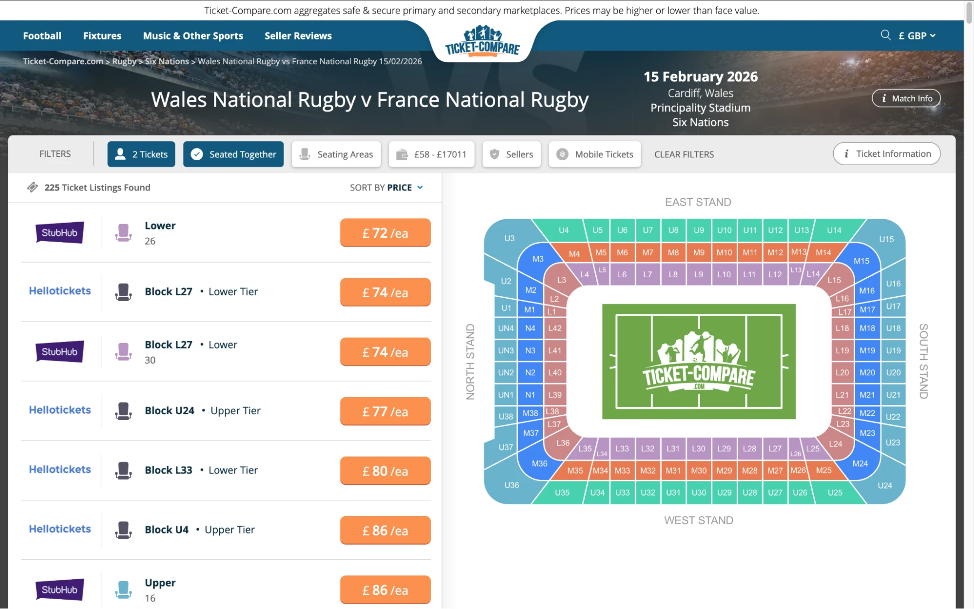 Screenshot of Wales National Rugby v France National Rugby tickets page on www.healtharomatherapy.com