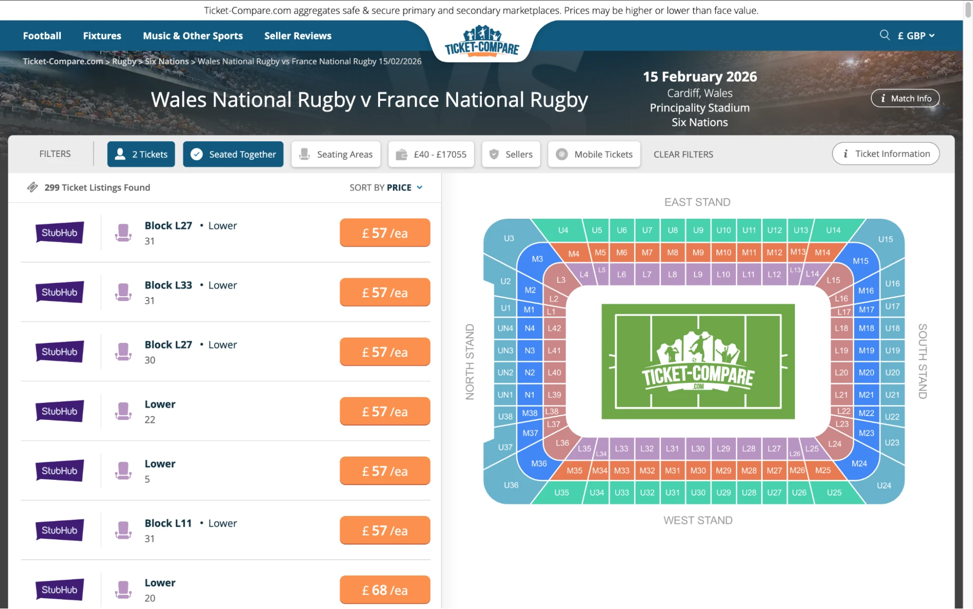 Screenshot of Wales National Rugby v France National Rugby tickets page on www.healtharomatherapy.com