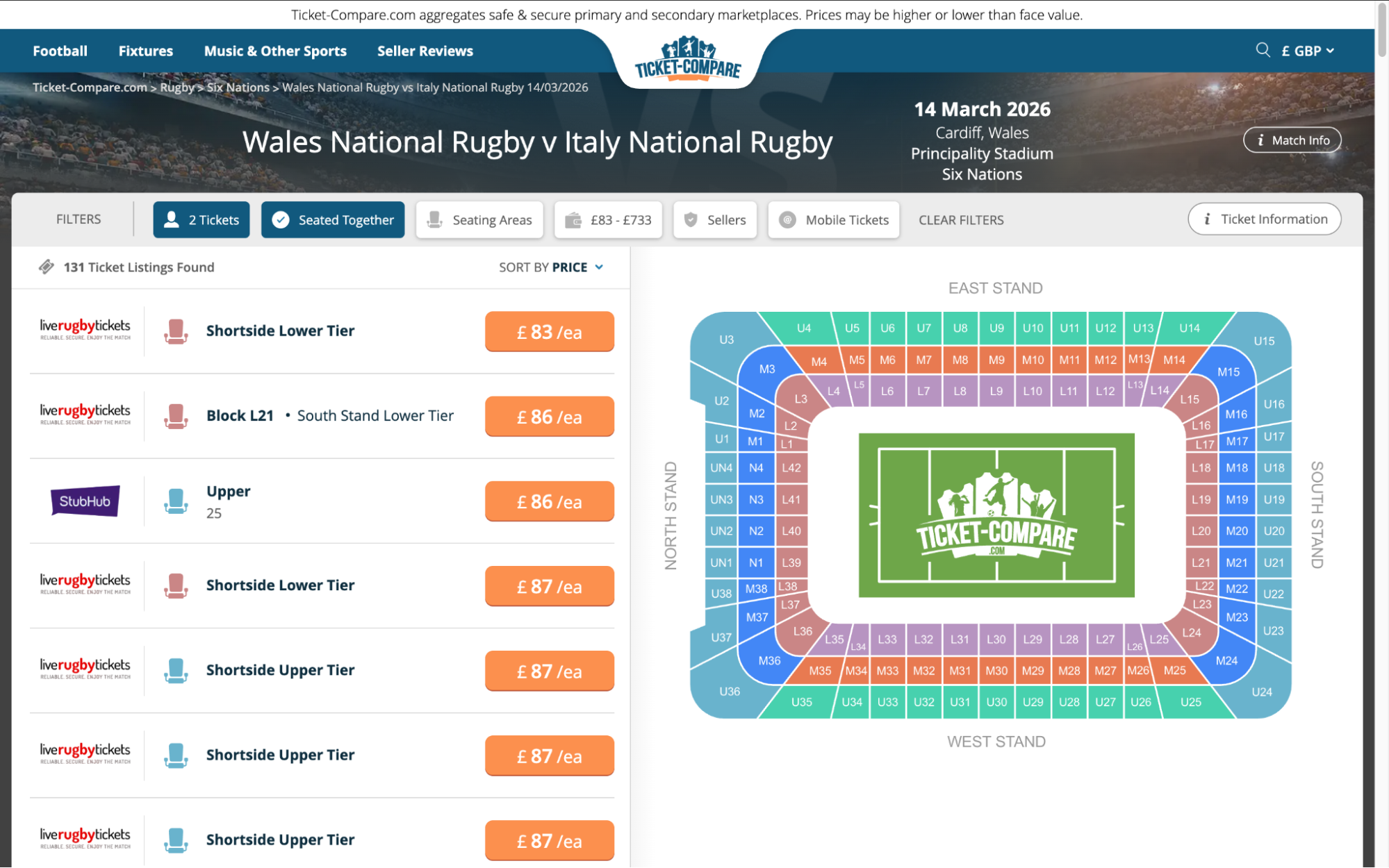 Screenshot of Wales National Rugby v Italy National Rugby tickets page on www.healtharomatherapy.com