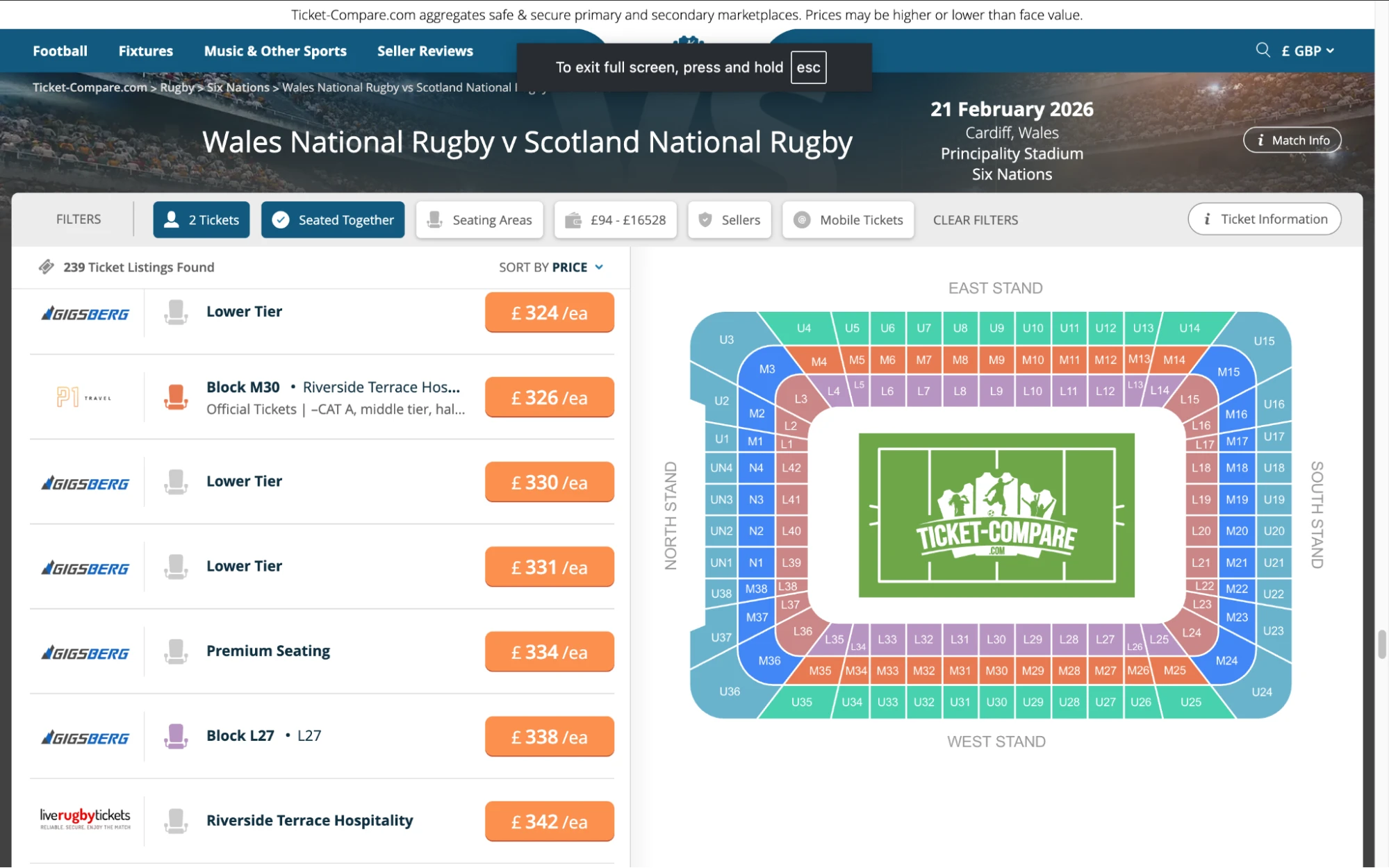 Screenshot of Wales National Rugby v Scotland National Rugby tickets page on www.healtharomatherapy.com