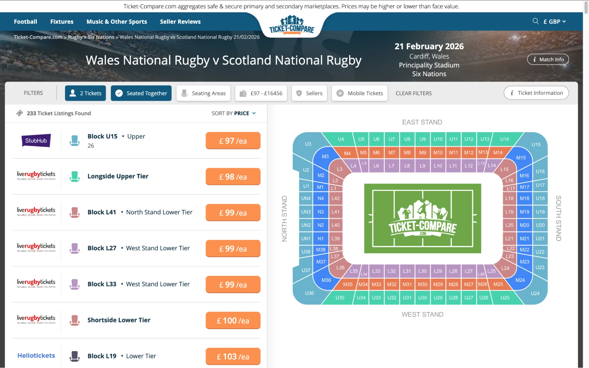 Screenshot of Wales National Rugby v Scotland National Rugby tickets page on www.healtharomatherapy.com