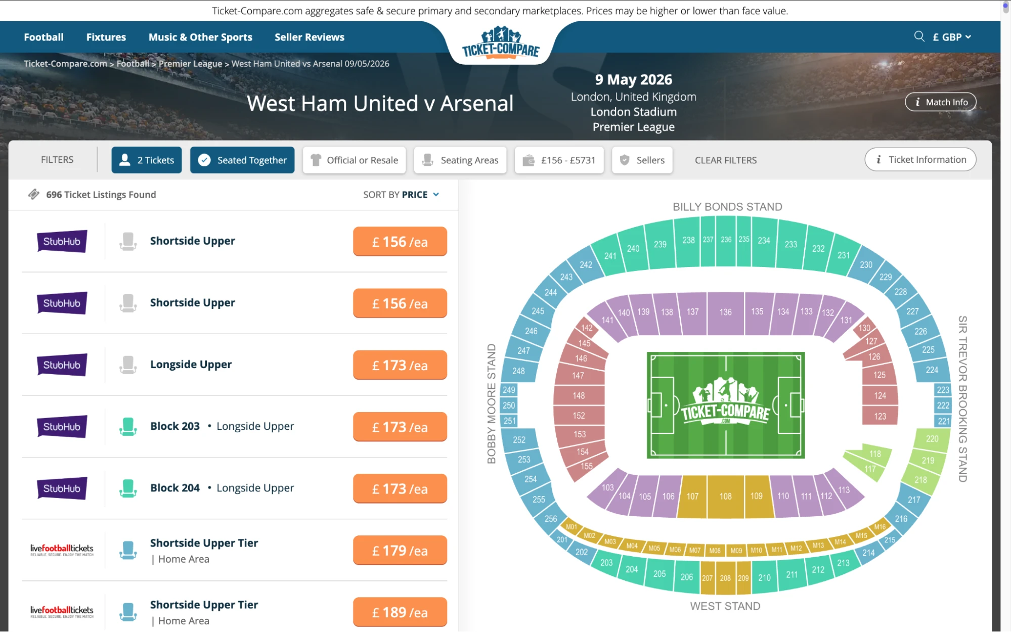 Screenshot of West Ham United v Arsenal tickets page on www.healtharomatherapy.com