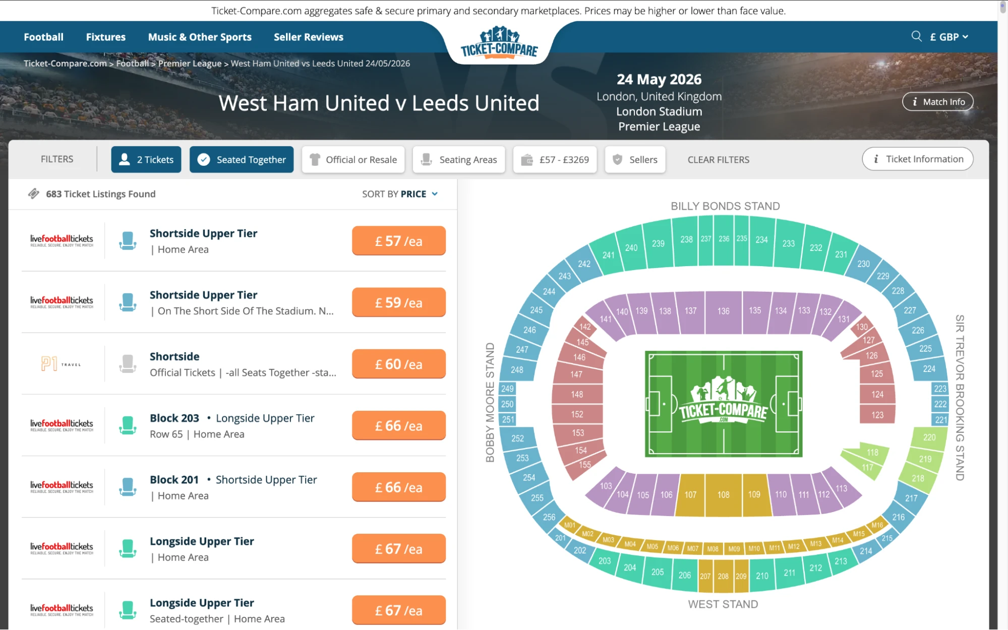 Screenshot of West Ham United v Leeds United tickets page on www.healtharomatherapy.com