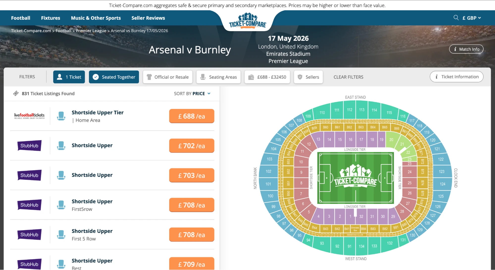 Screenshot of Arsenal v Burnley tickets page on www.healtharomatherapy.com
