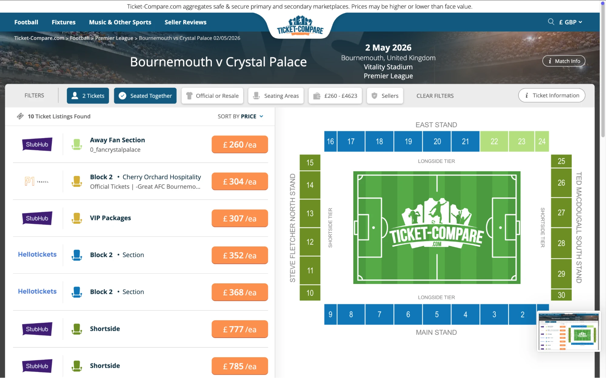 Screenshot of Bournemouth v Crystal Palace tickets page on www.healtharomatherapy.com