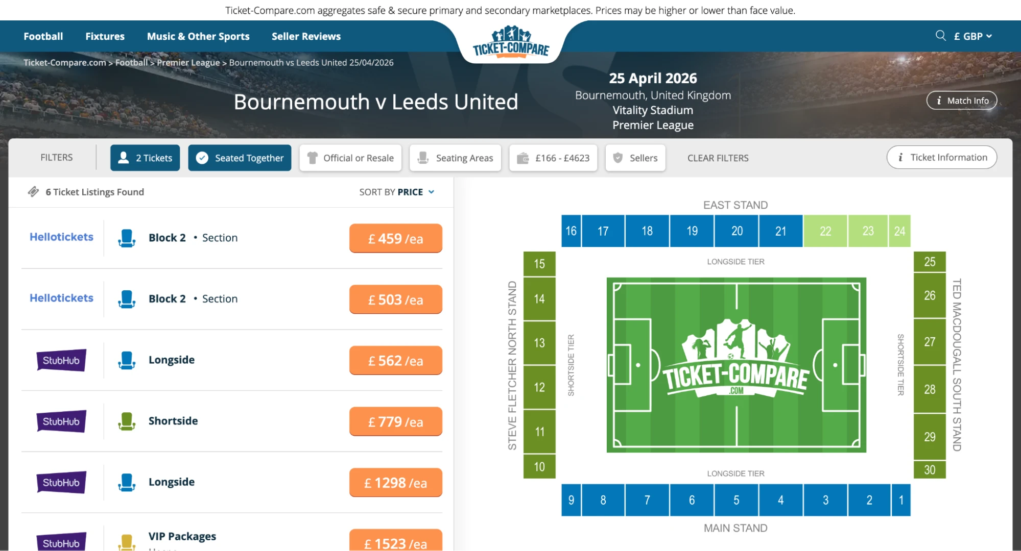 Screenshot of Bournemouth v Leeds United tickets page on www.healtharomatherapy.com