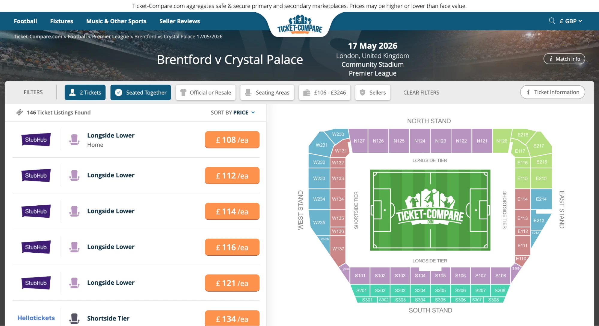 Screenshot of Brentford v Crystal Palace tickets page on www.healtharomatherapy.com