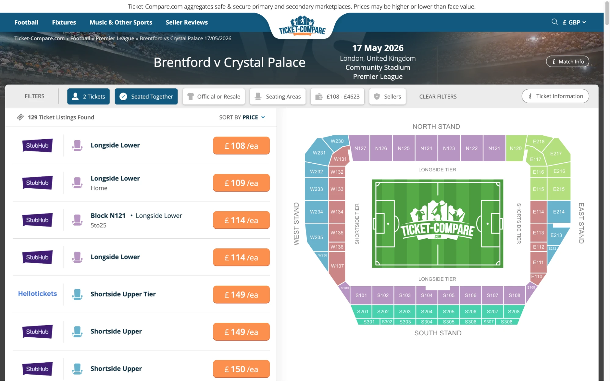 Screenshot of Brentford v Crystal Palace tickets page on www.healtharomatherapy.com