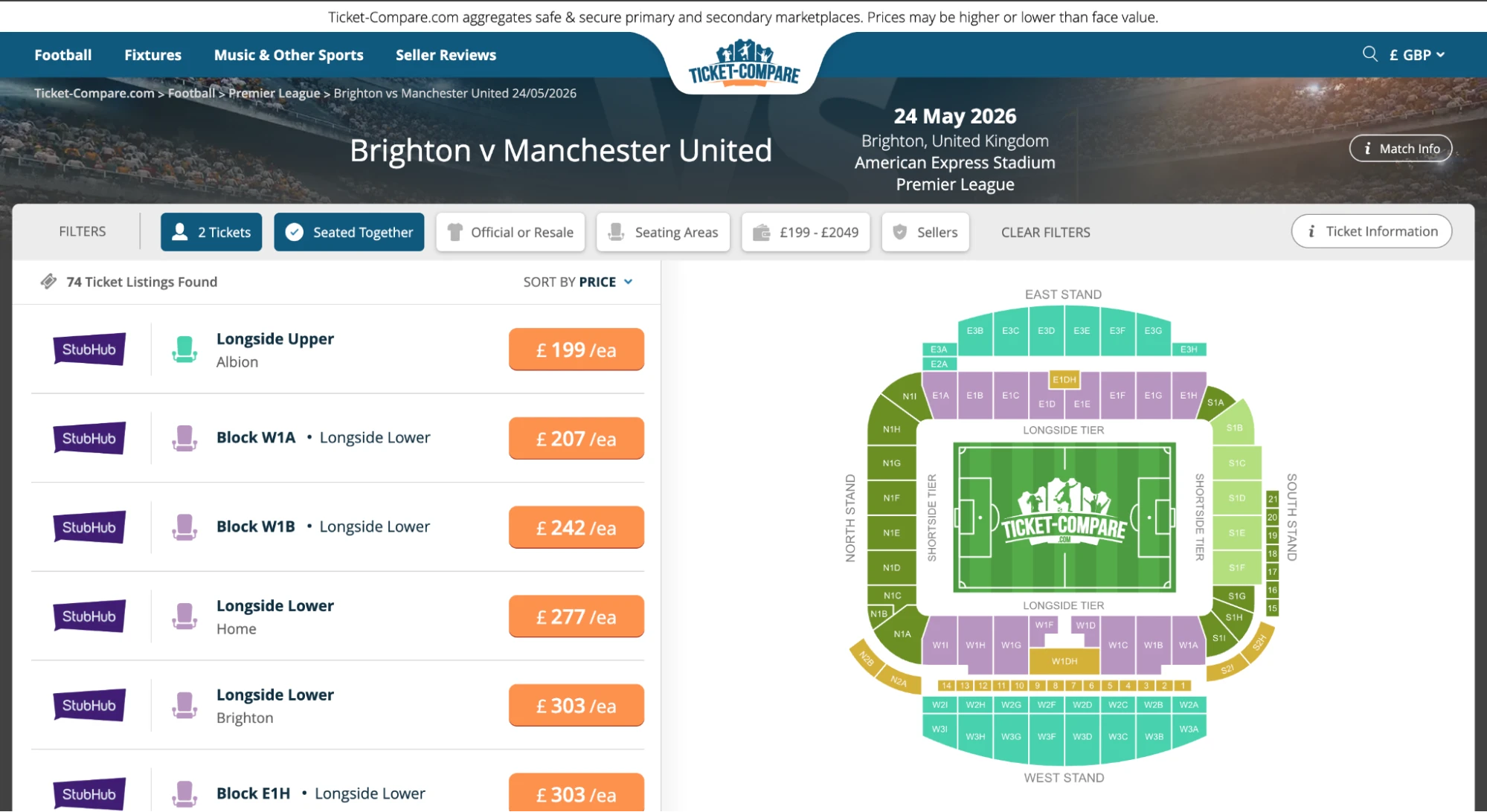 Screenshot of Brighton v Manchester United tickets page on www.healtharomatherapy.com
