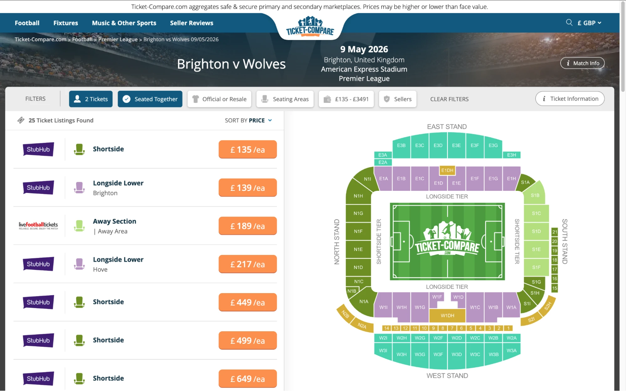 Screenshot of Brighton v Wolves tickets page on www.healtharomatherapy.com