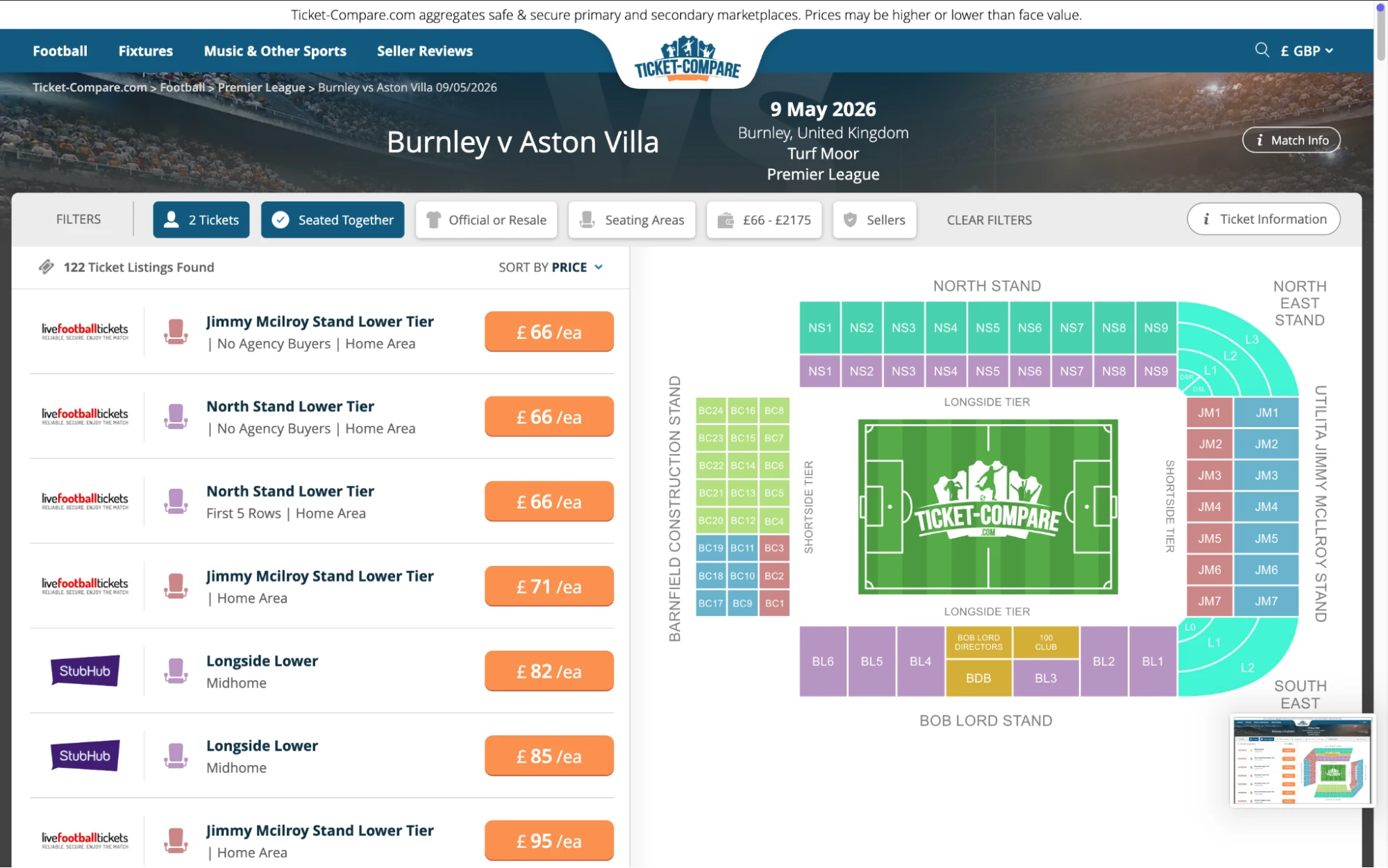 Screenshot of Burnley v Aston Villa tickets page on www.healtharomatherapy.com