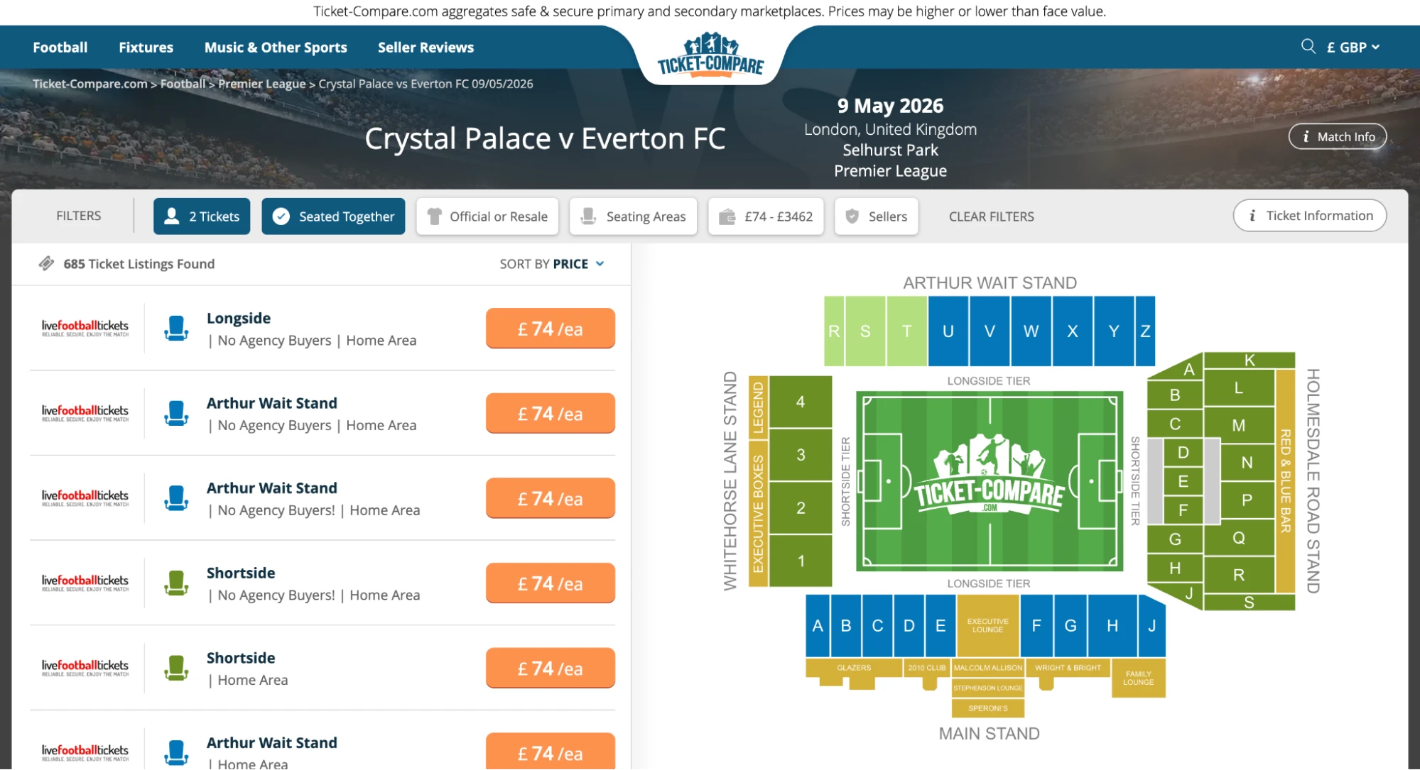 Screenshot of Crystal Palace v Everton FC tickets page on www.healtharomatherapy.com