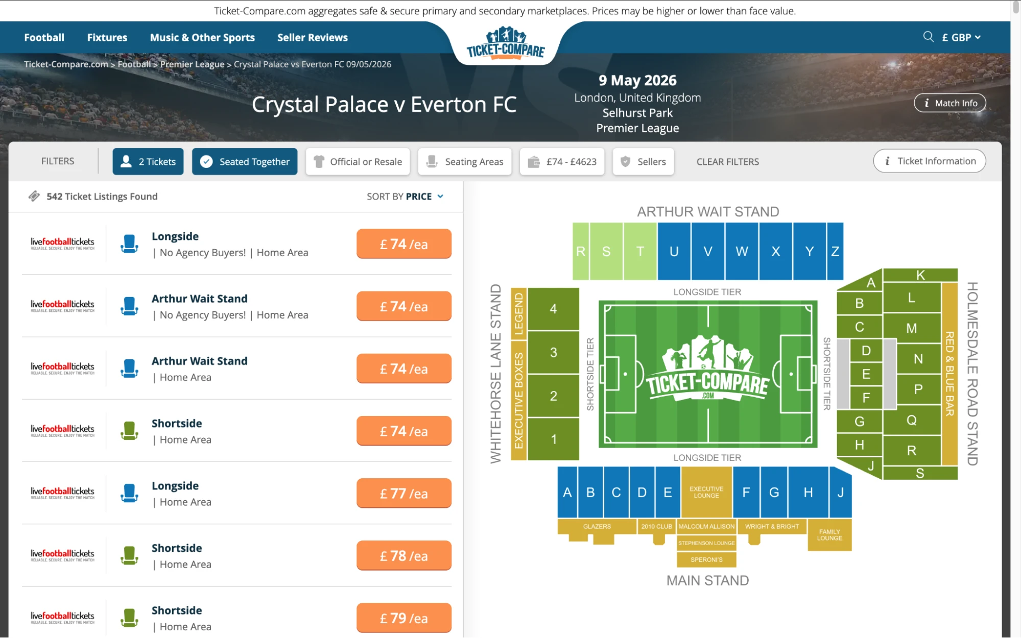 Screenshot of Crystal Palace v Everton FC tickets page on www.healtharomatherapy.com