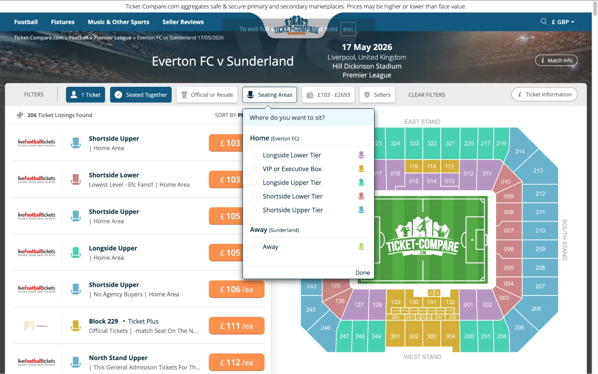 Screenshot of Everton v Sunderland tickets page on www.healtharomatherapy.com