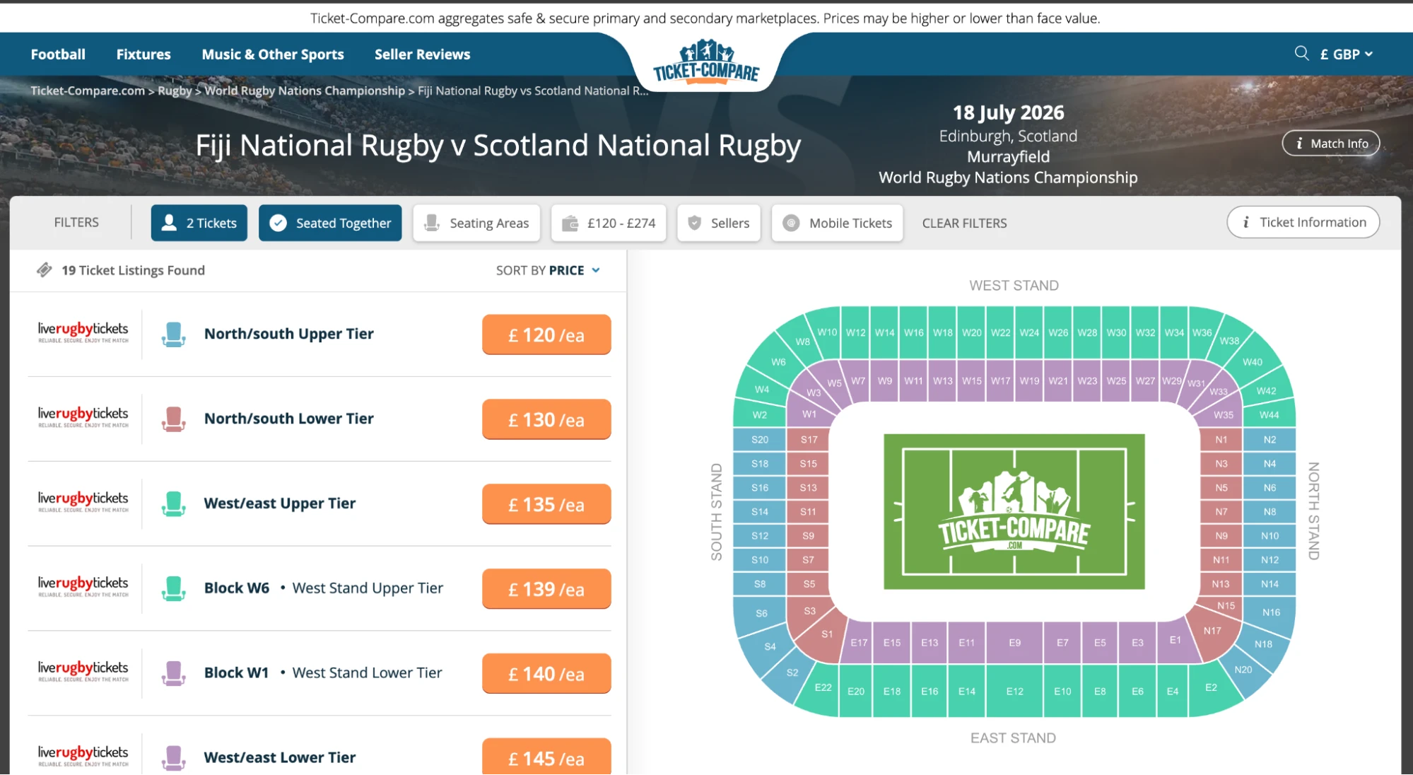Screenshot of Fiji National Rugby v Scotland National Rugby tickets page on www.healtharomatherapy.com