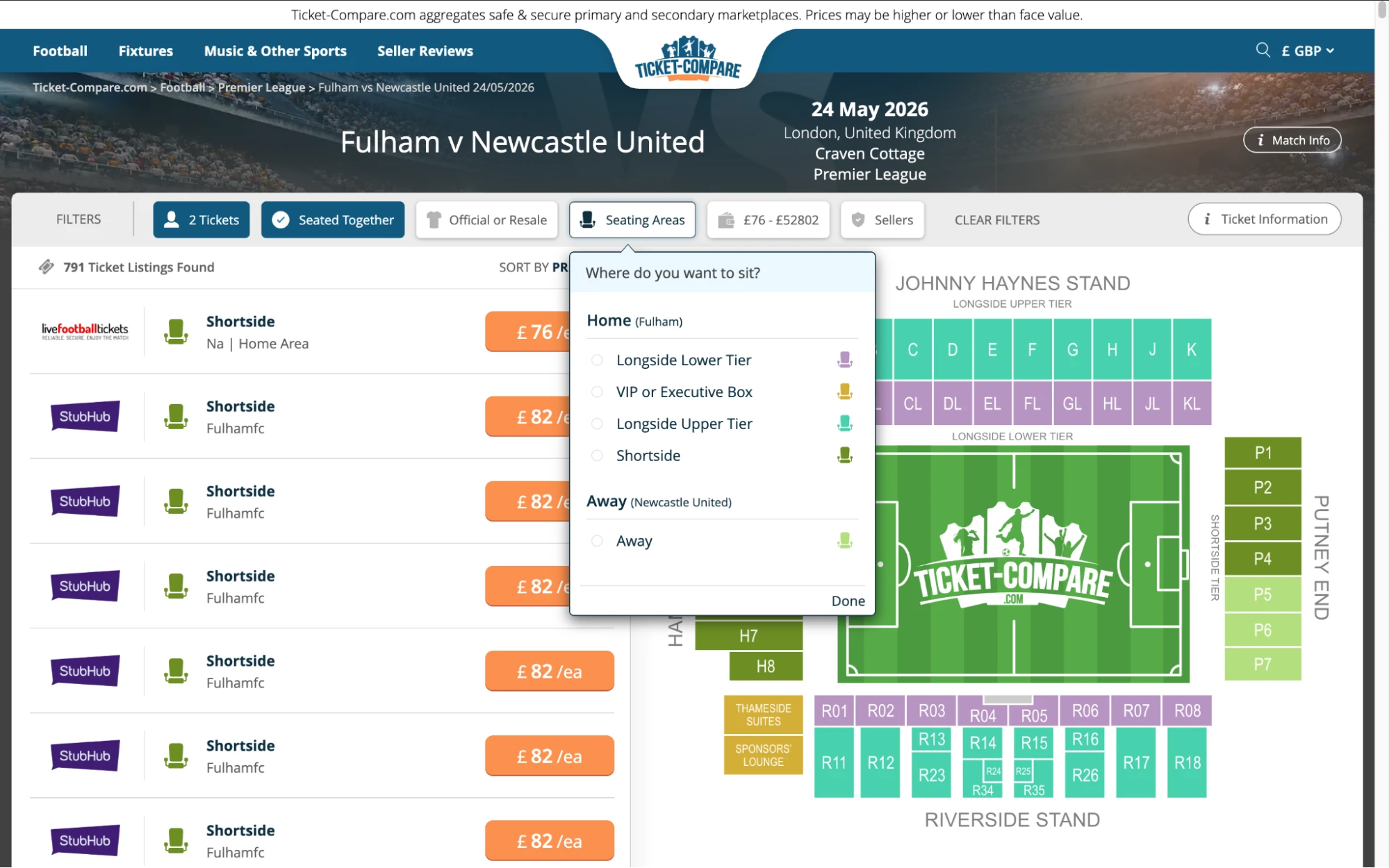 Screenshot of Fulham v Newcastle United tickets page on www.healtharomatherapy.com