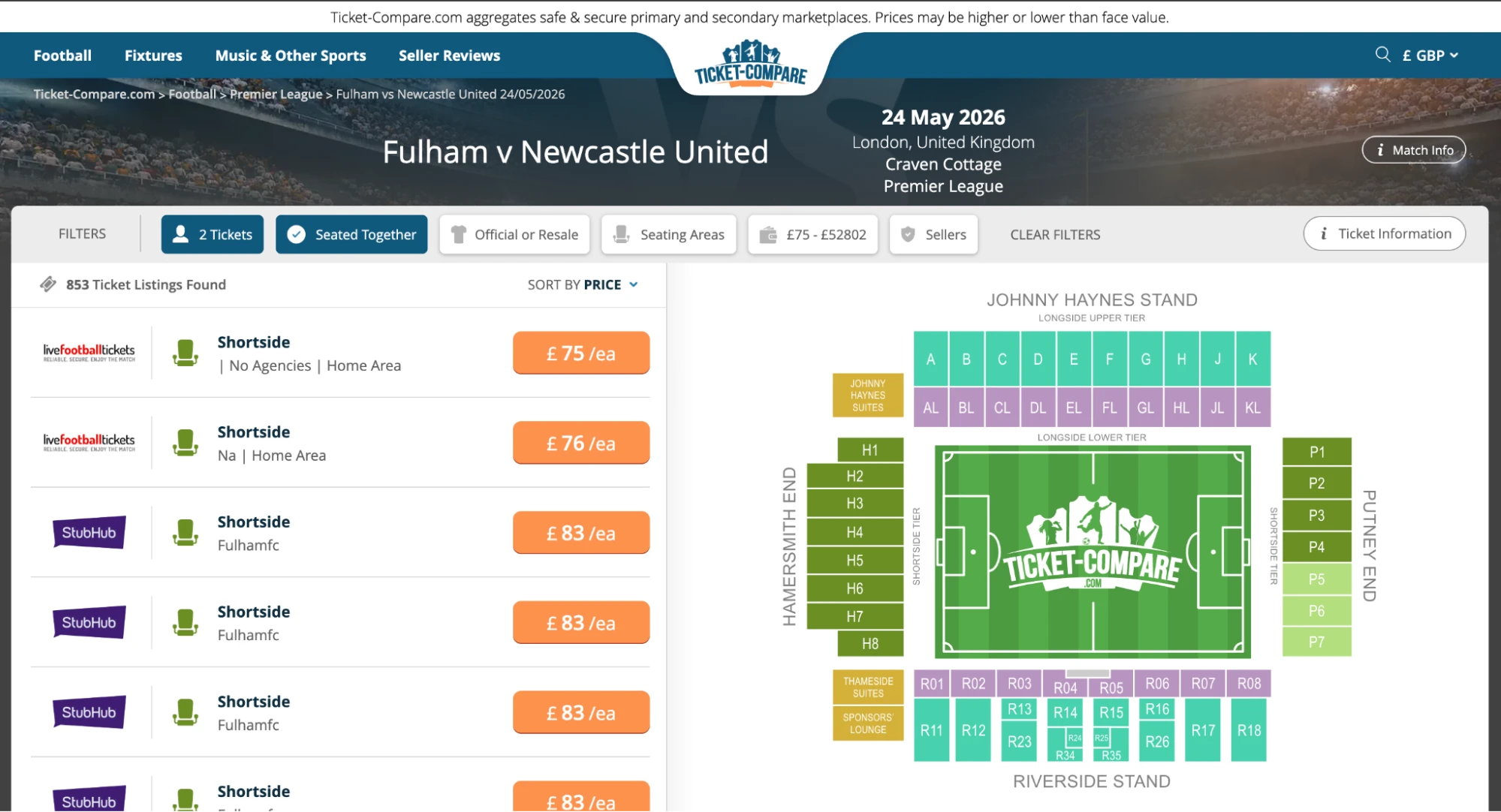Screenshot of Fulham v Newcastle United tickets page on www.healtharomatherapy.com
