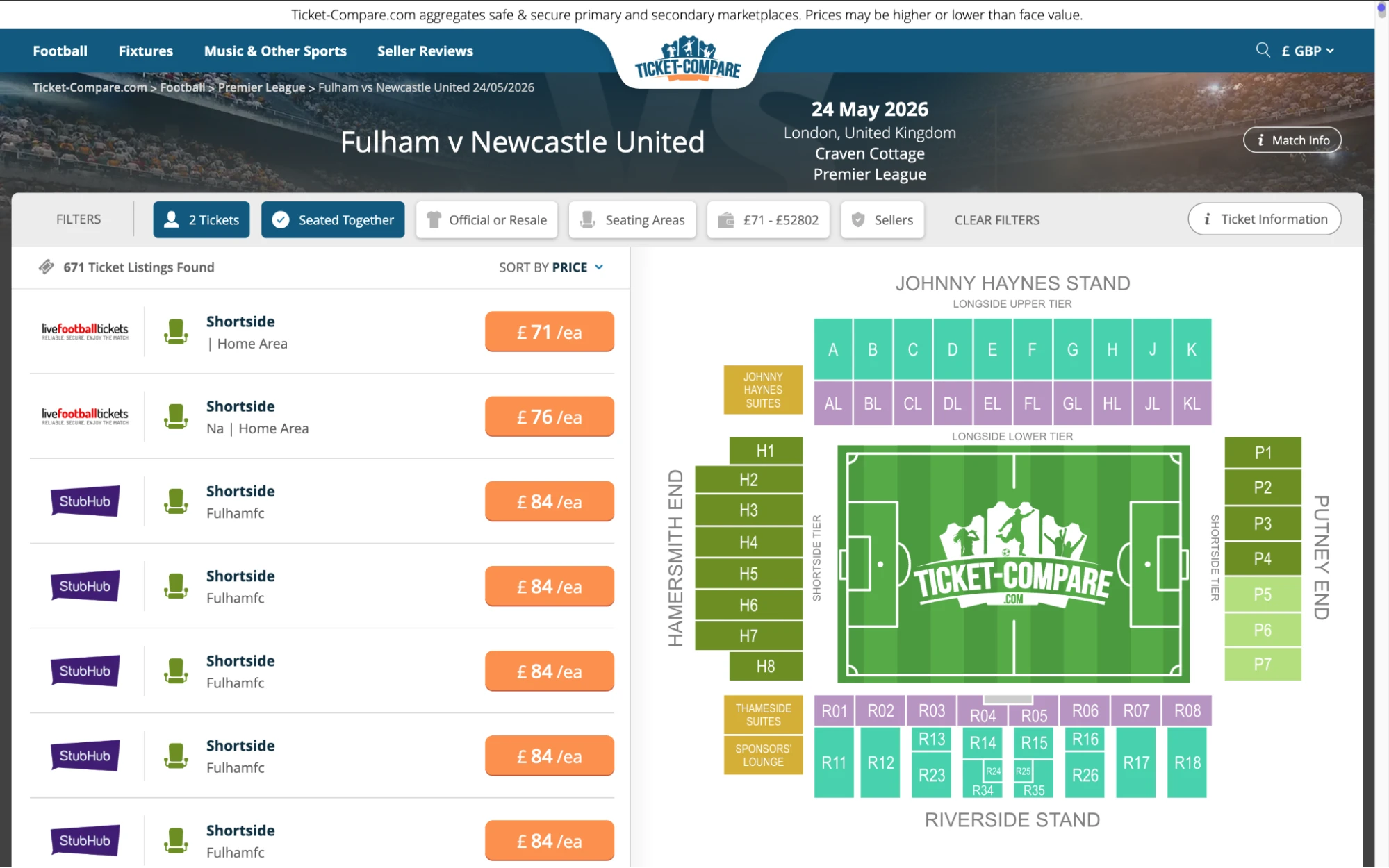 Screenshot of Fulham v Newcastle United tickets page on www.healtharomatherapy.com