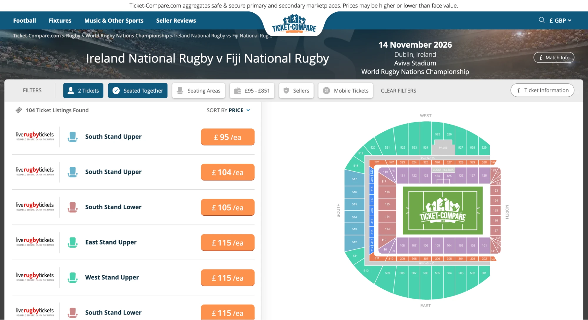 Screenshot of Ireland National Rugby v Fiji National Rugby tickets page on www.healtharomatherapy.com