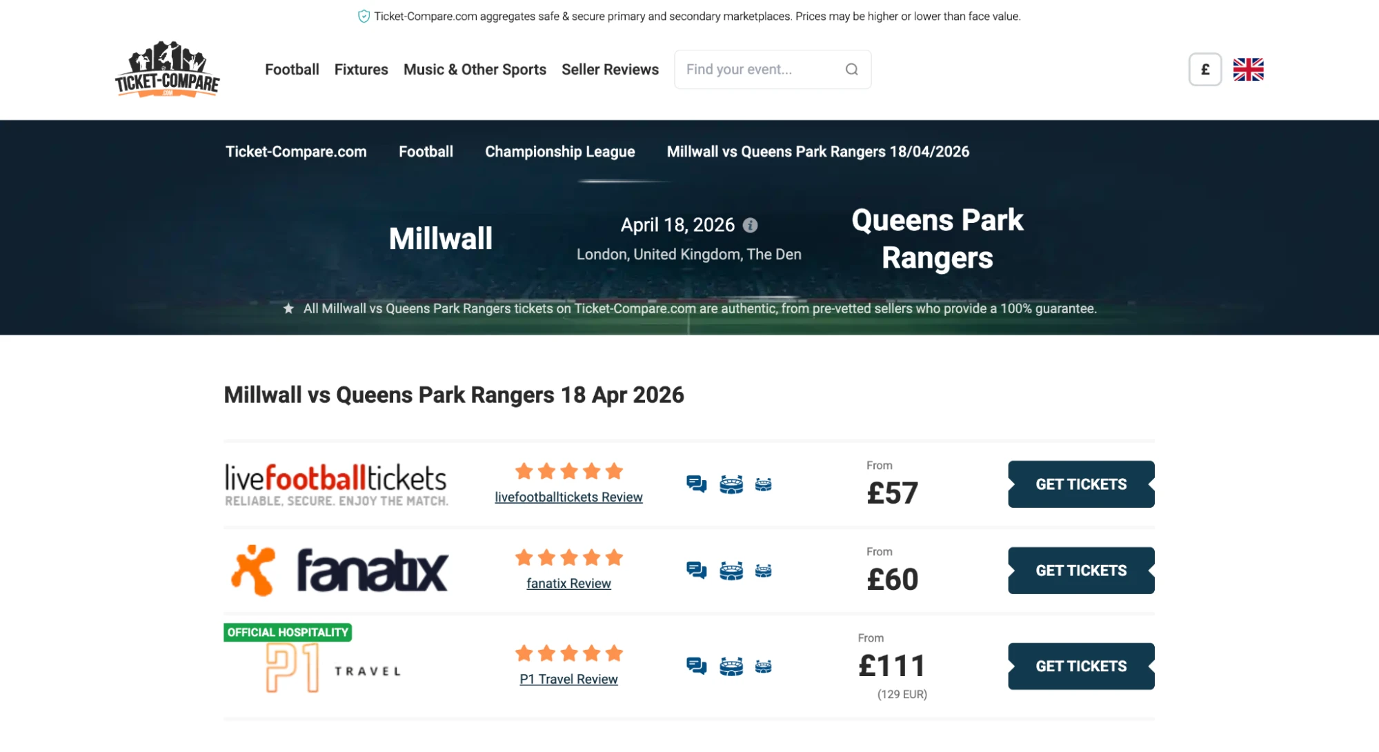 Screenshot of Millwall v Queens Park Rangers tickets page on www.healtharomatherapy.com