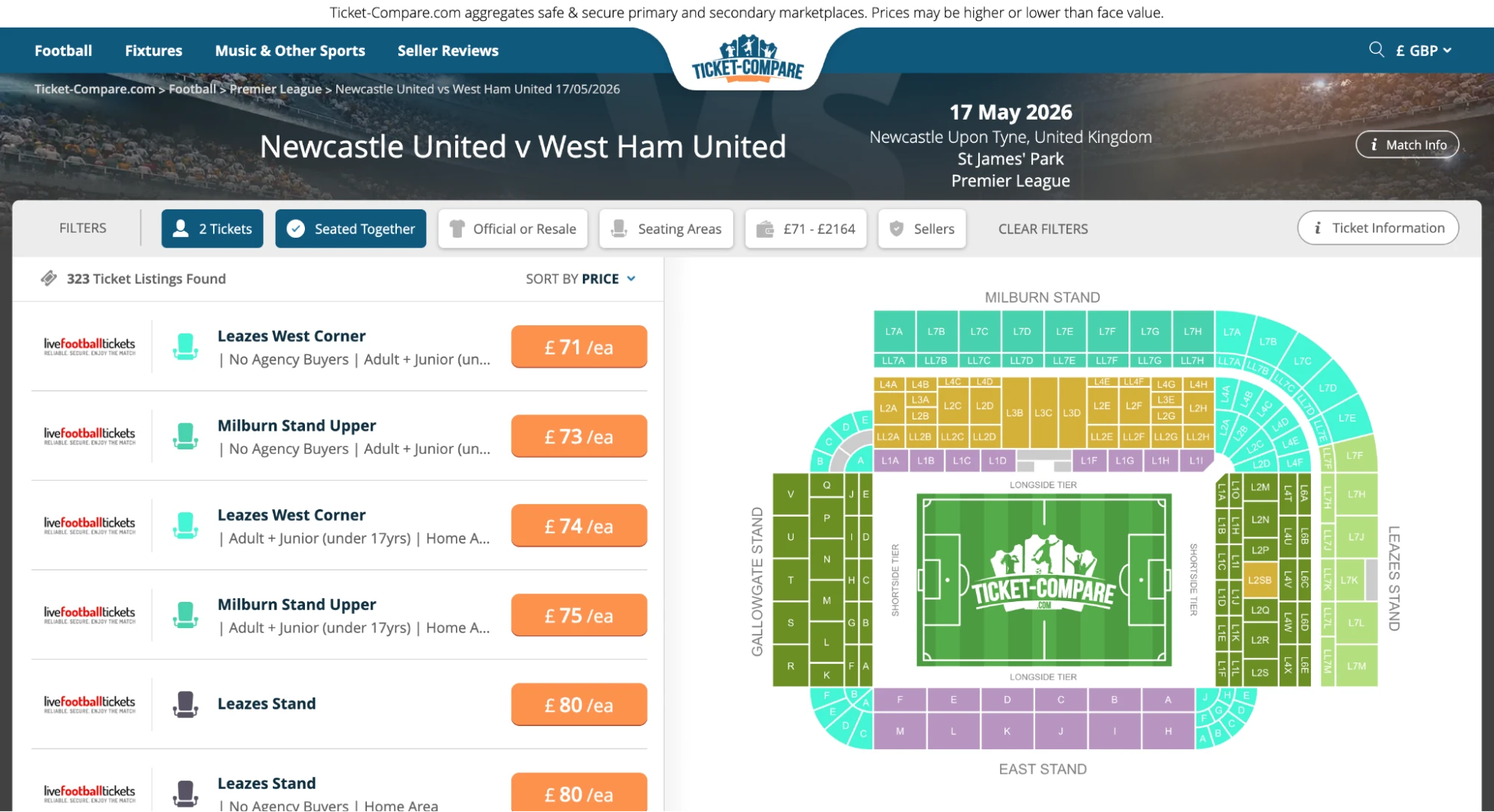 Screenshot of Newcastle United v West Ham United tickets page on www.healtharomatherapy.com