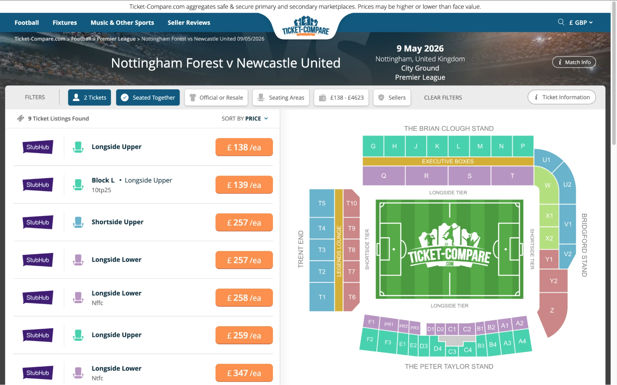 Screenshot of Nottinham Forest v Newcastle United tickets page on www.healtharomatherapy.com