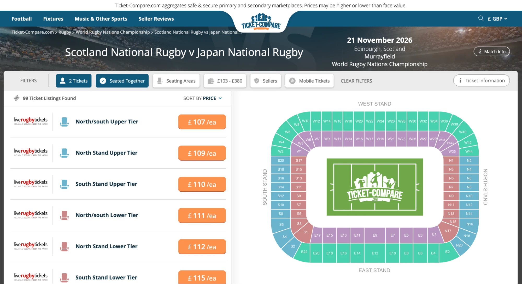 Screenshot of Scotland National Rugby v Japan National Rugby tickets page on www.healtharomatherapy.com